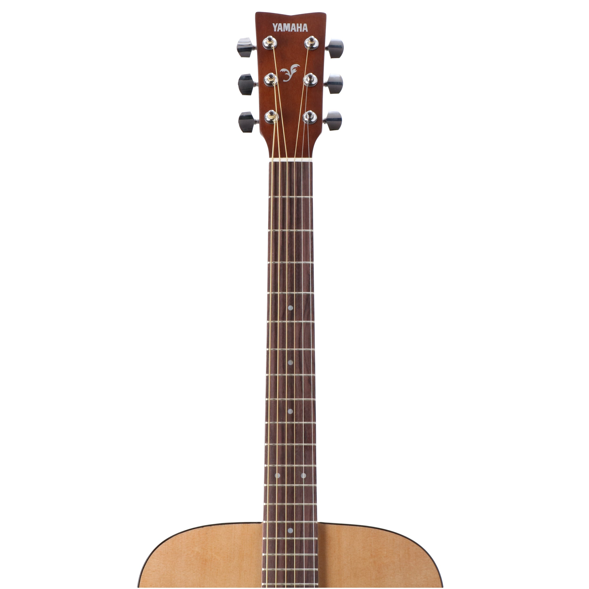 Close-up of a Yamaha acoustic guitar headstock with six strings and tuning pegs.