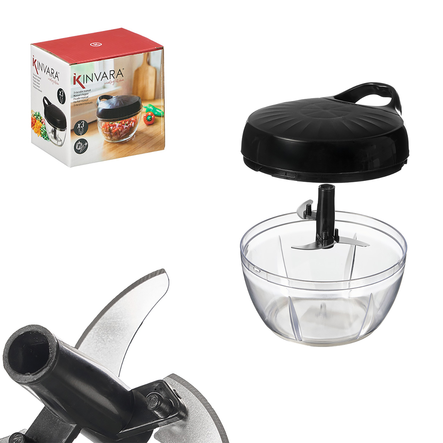 Un picador de alimentos manual con recipiente transparente y cuchillas.