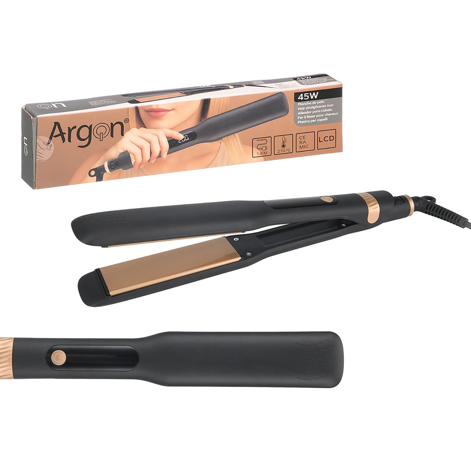 Piastra per capelli nera con dettagli dorati e display LCD.