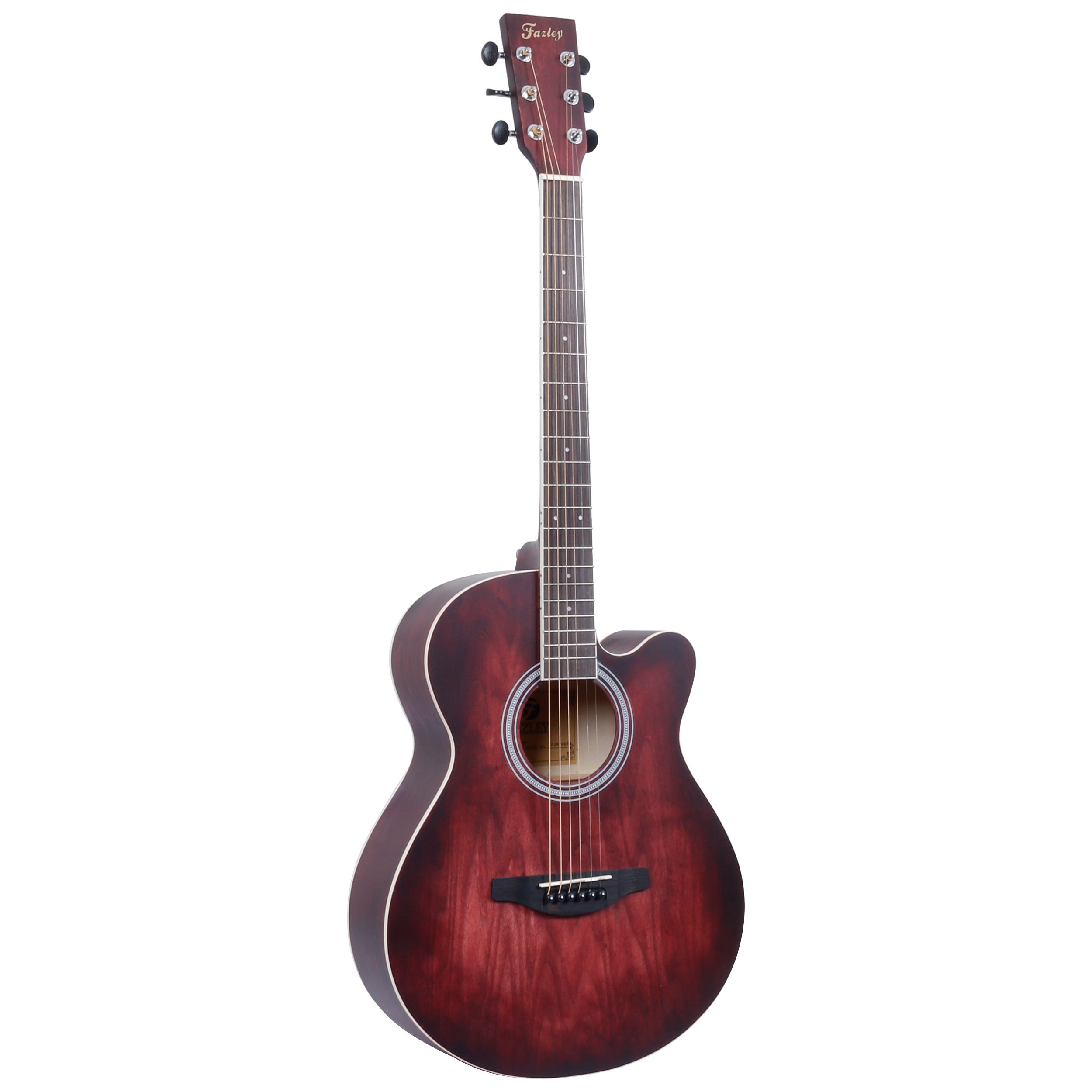 Een donkere akoestische gitaar met zes snaren en een cutaway body.
