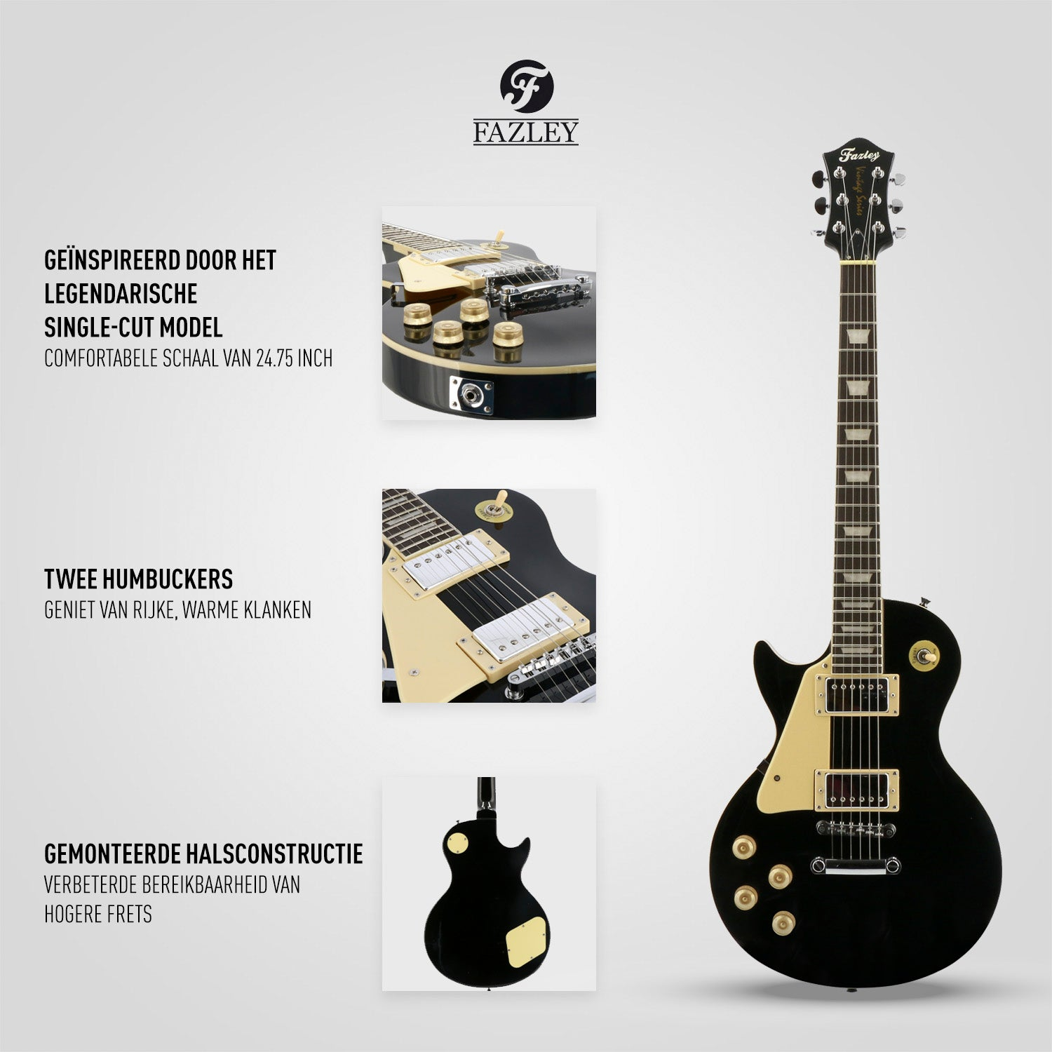 Zwarte elektrische gitaar met gouden hardware en crèmekleurige humbuckers.