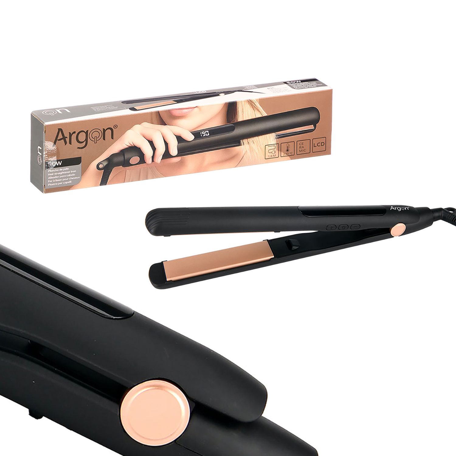Una piastra per capelli Argon nera con piastre riscaldanti oro rosa e un pulsante.