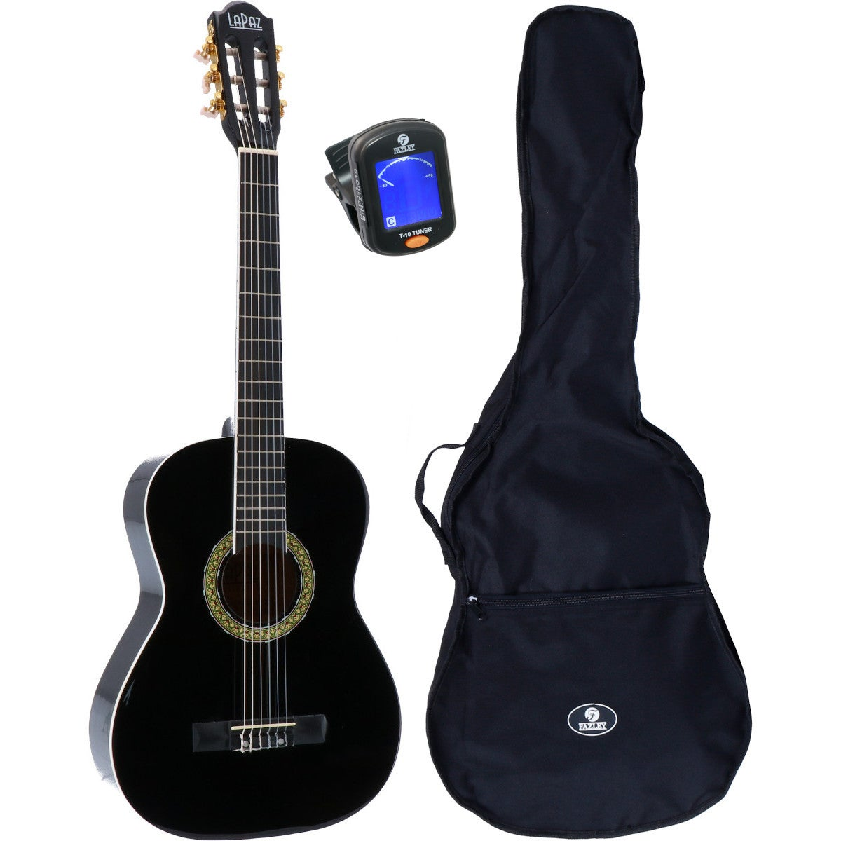 Zwarte gitaar met zwarte tas en tuner.