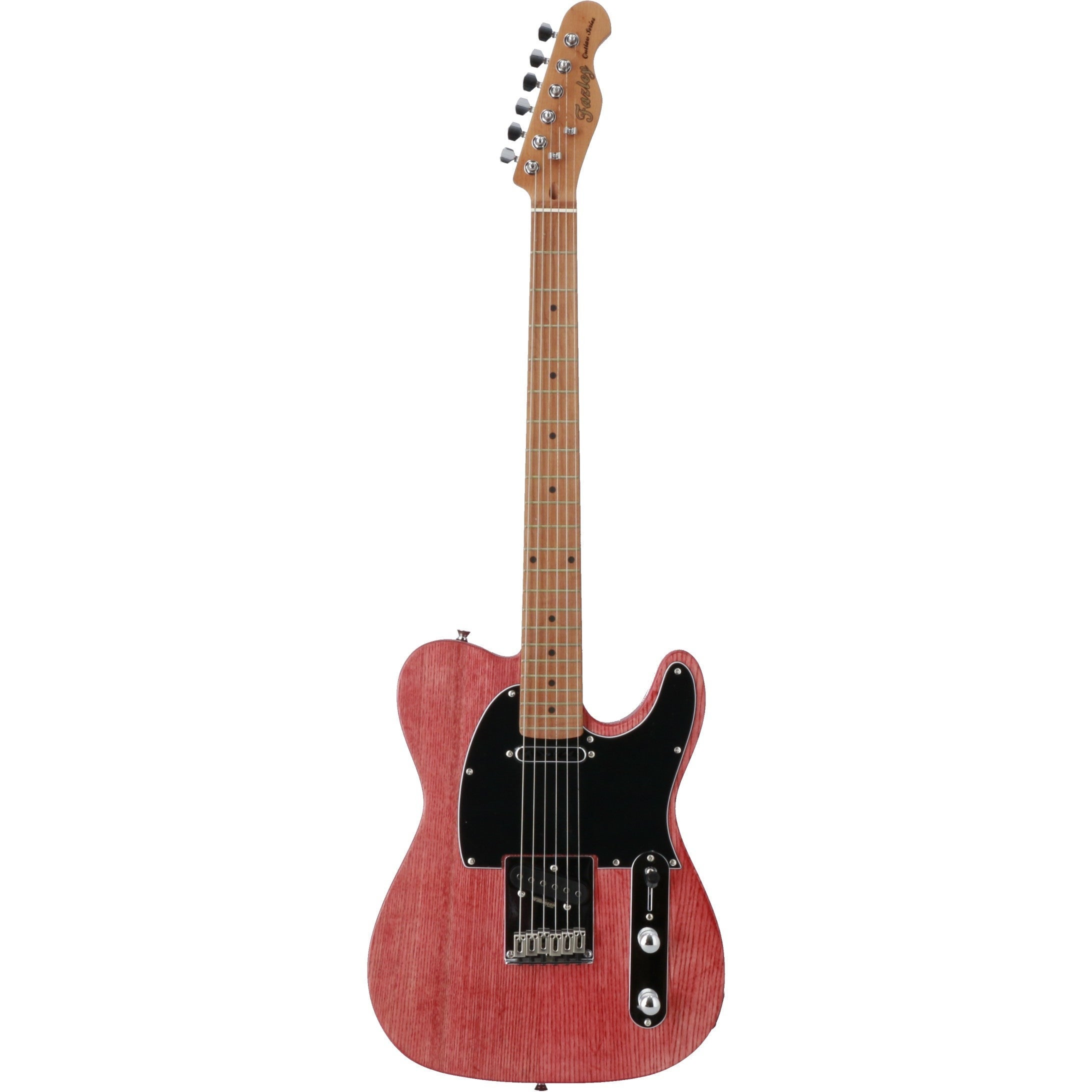 Een rode elektrische gitaar met een zwart slagplaat en zilveren snaren.