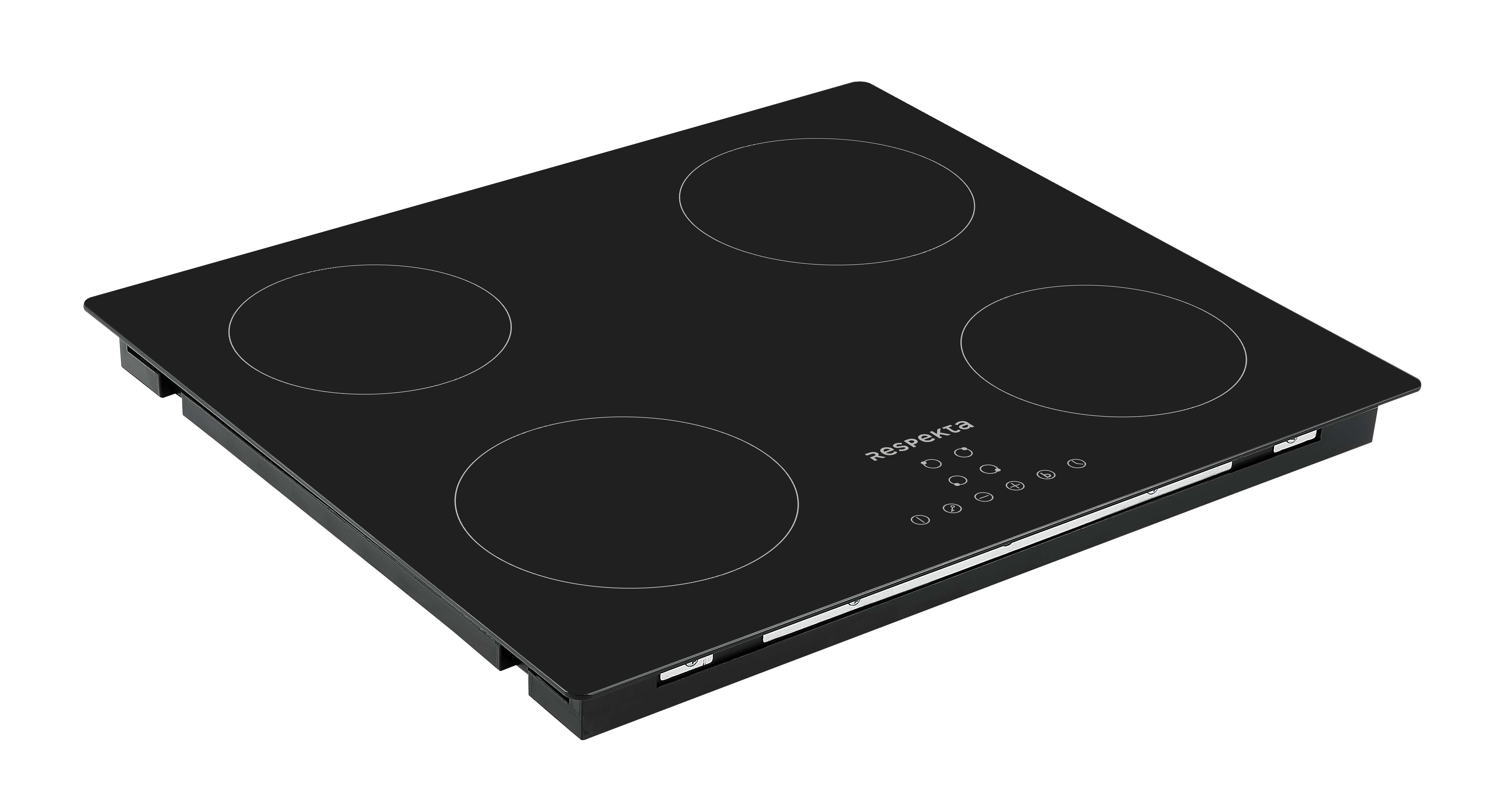 Schwarze Kochplatte mit vier Kochzonen und Touch-Bedienfeld.