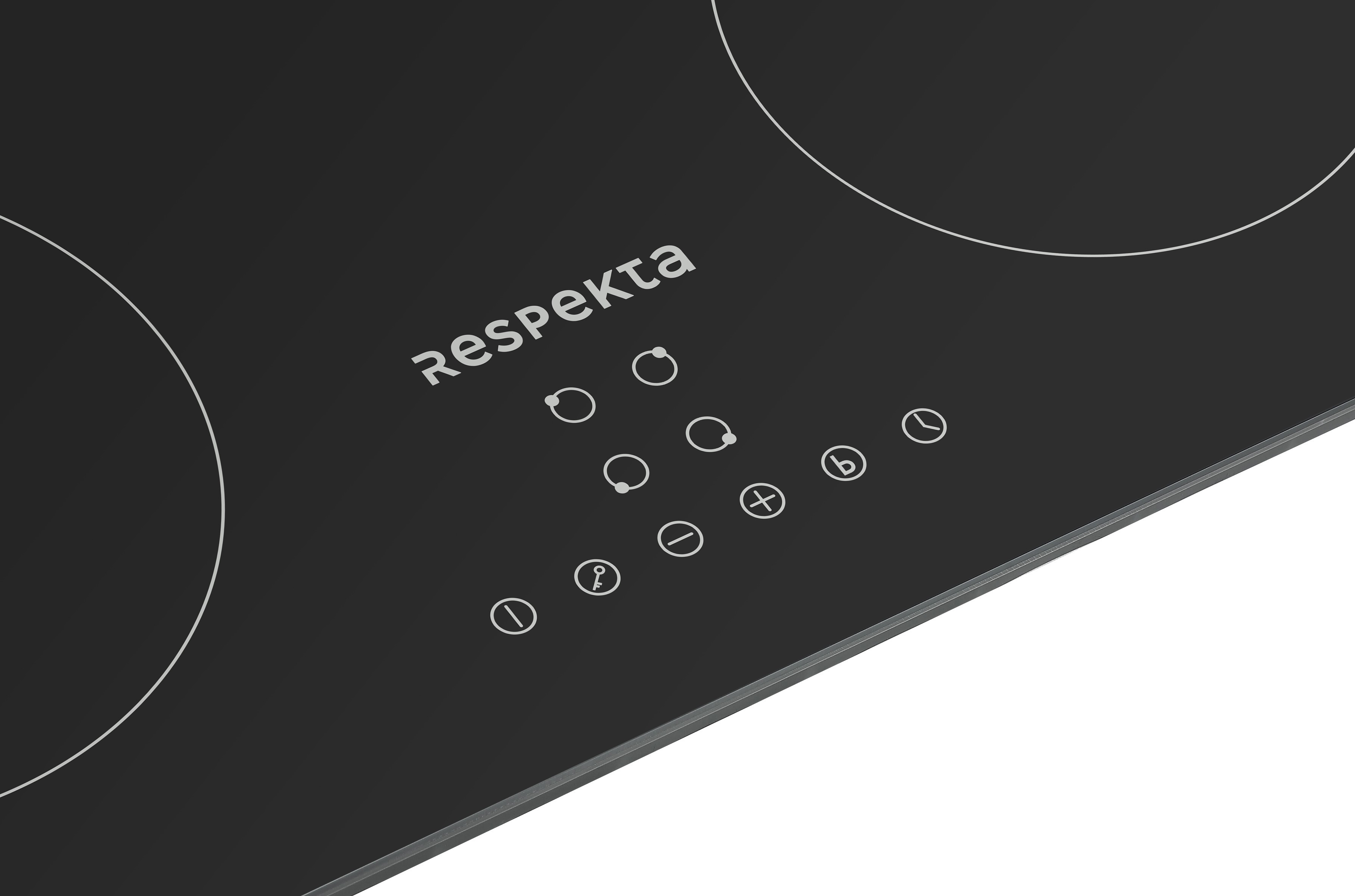 Schwarzes Induktionskochfeld mit "Respekta" Logo und Bedienelementen.