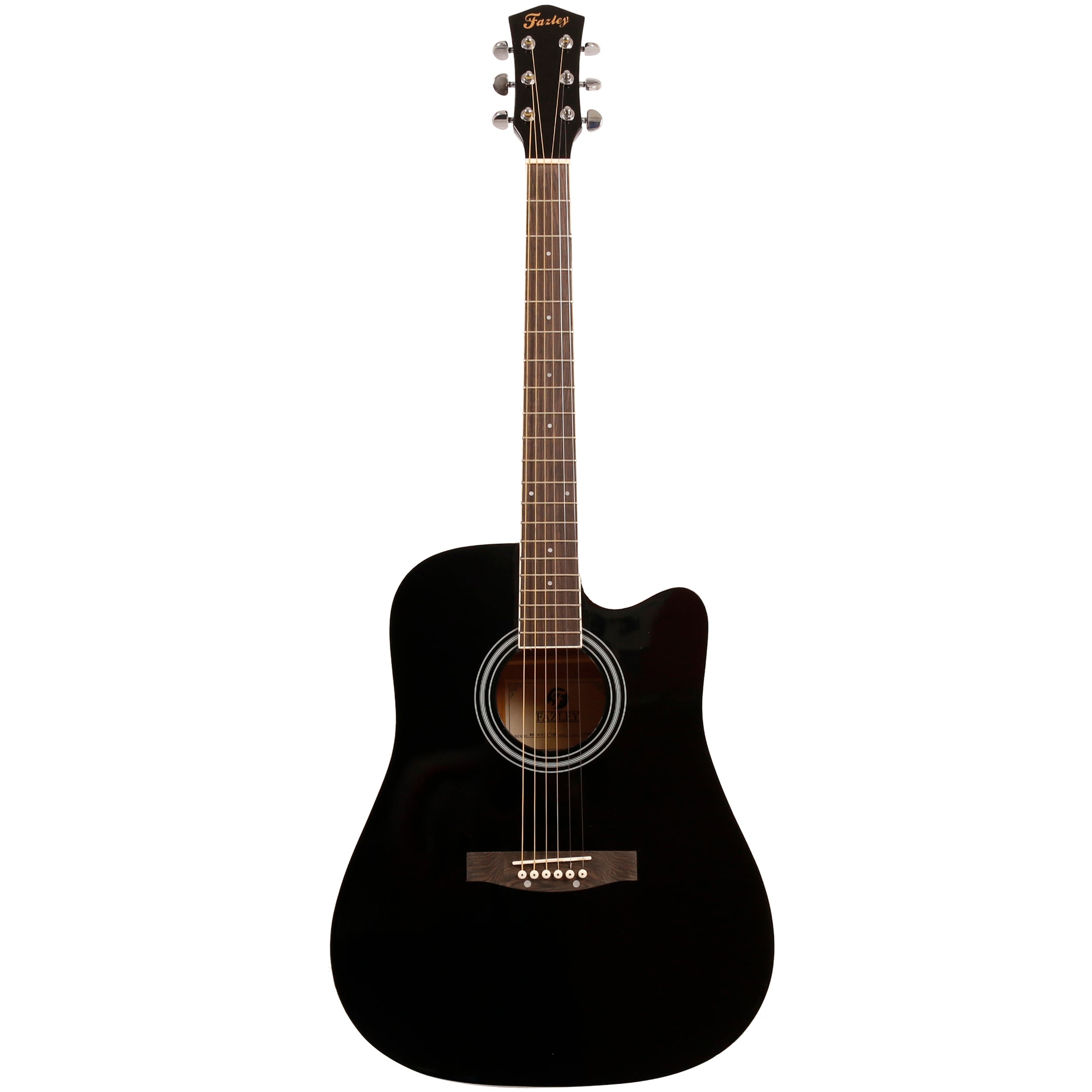 Een zwarte akoestische gitaar met zes snaren op een witte achtergrond.