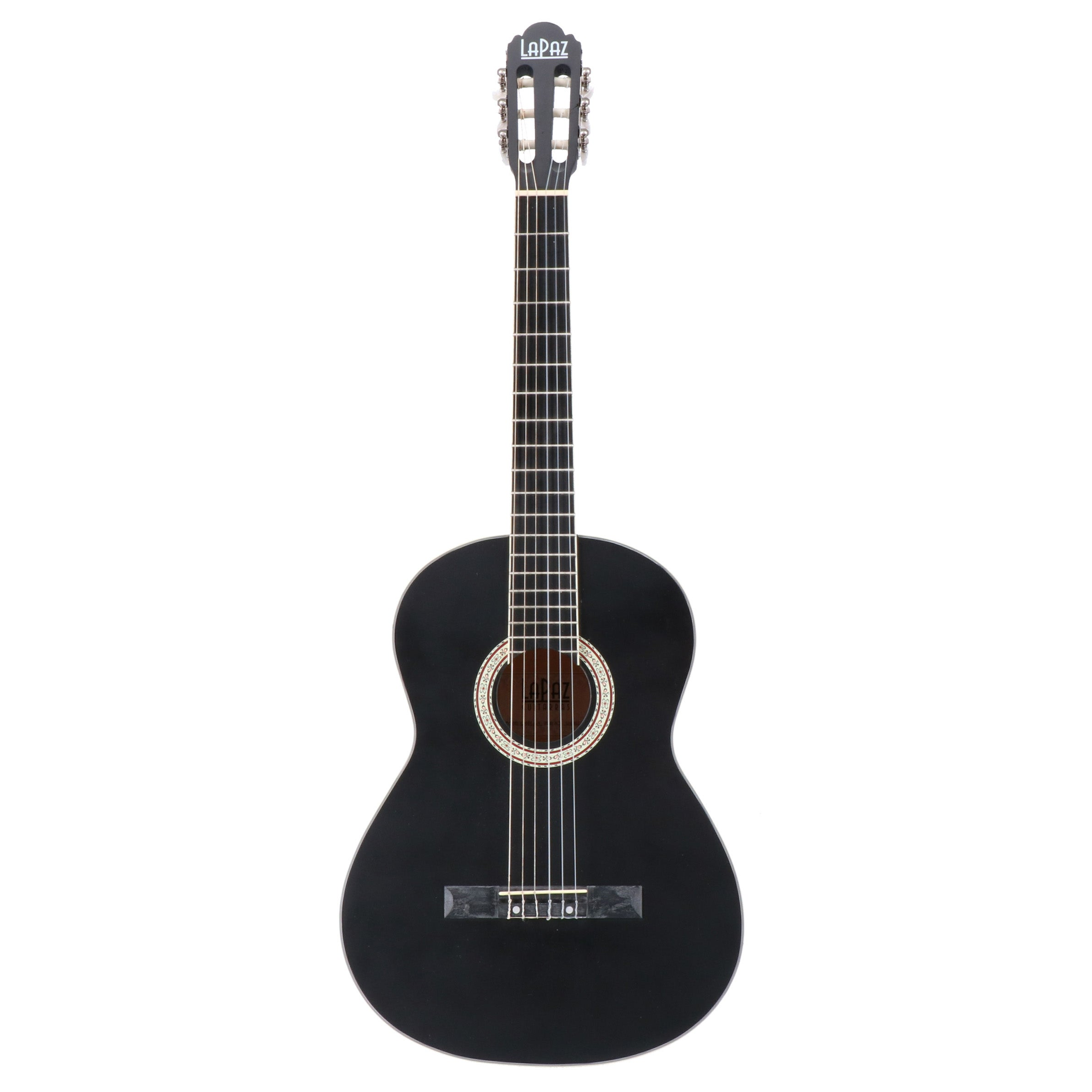 Een zwarte akoestische gitaar met witte snaren wordt getoond op een witte achtergrond.