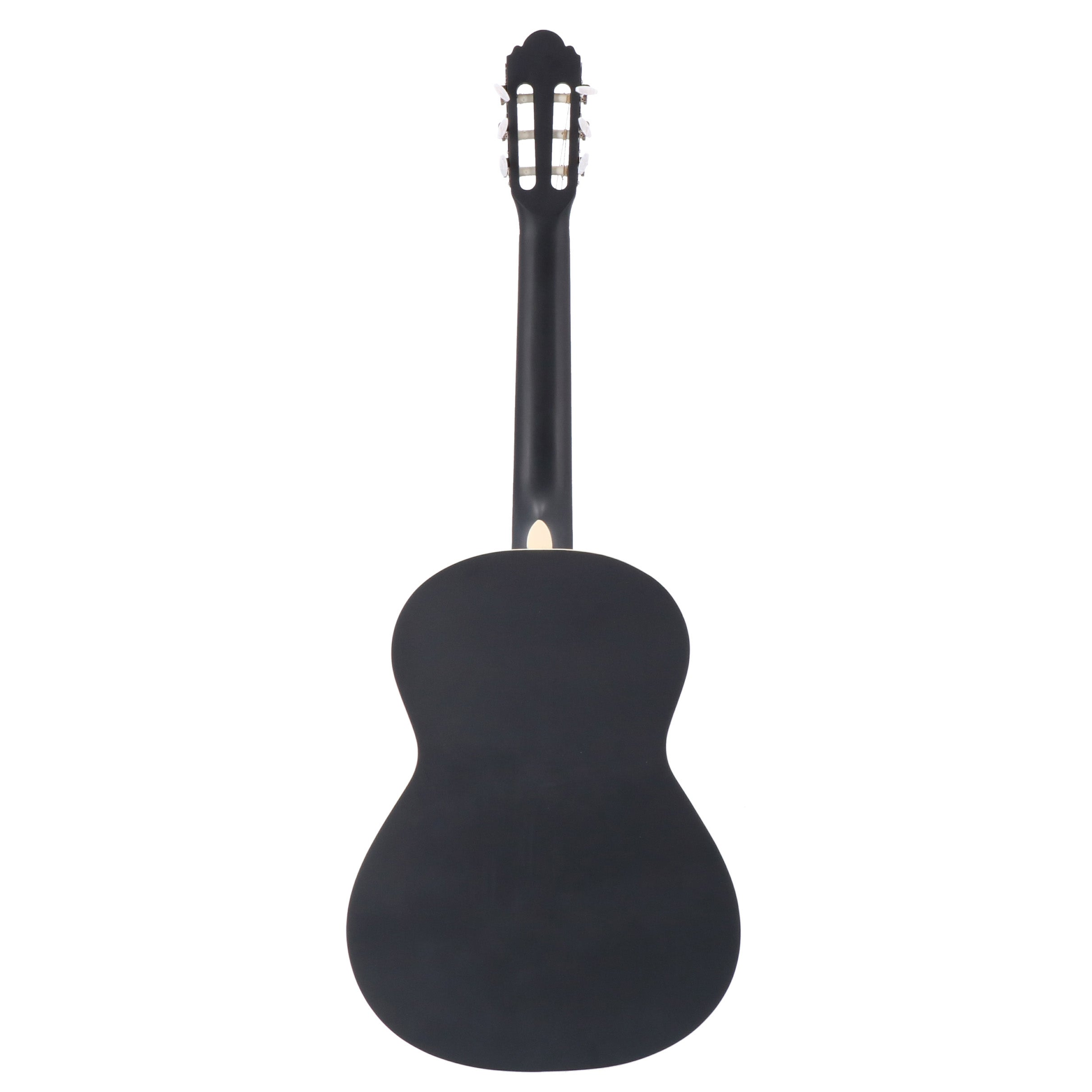 Achterkant van een zwarte akoestische gitaar met witte stemknoppen.