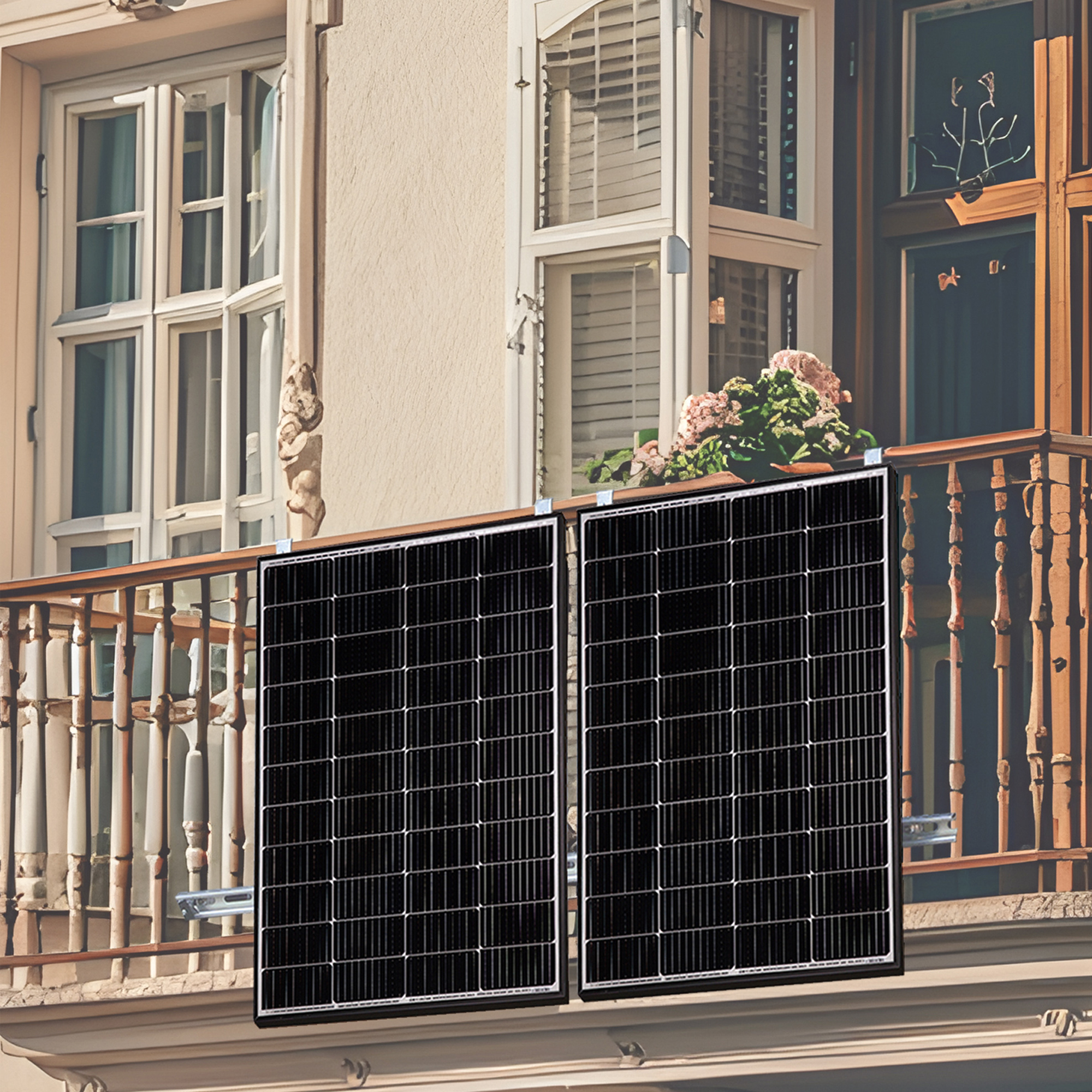 Zwei schwarze Solarmodule auf einem Balkon mit Holzbalkon und Blumen.