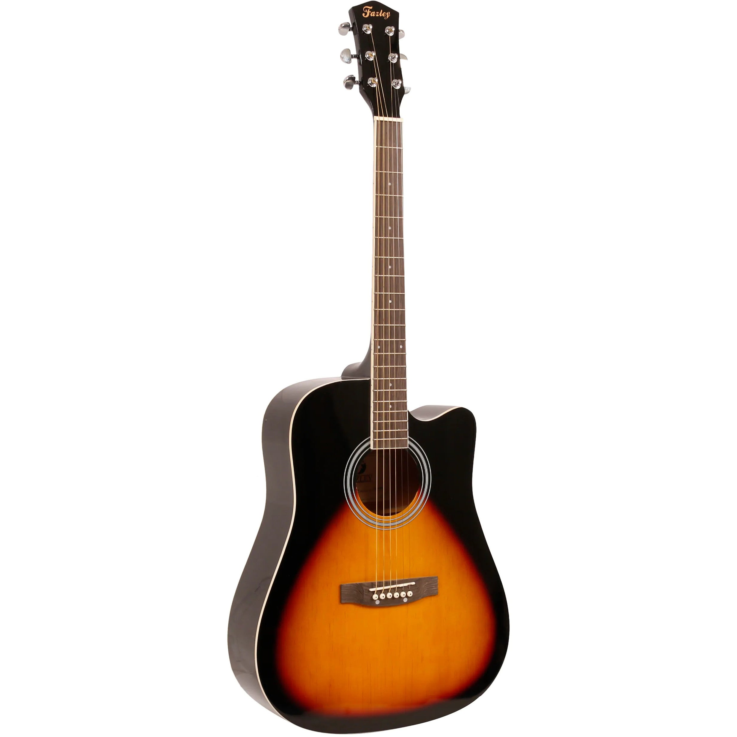 Een zwarte akoestische gitaar met een sunburst afwerking op de body.