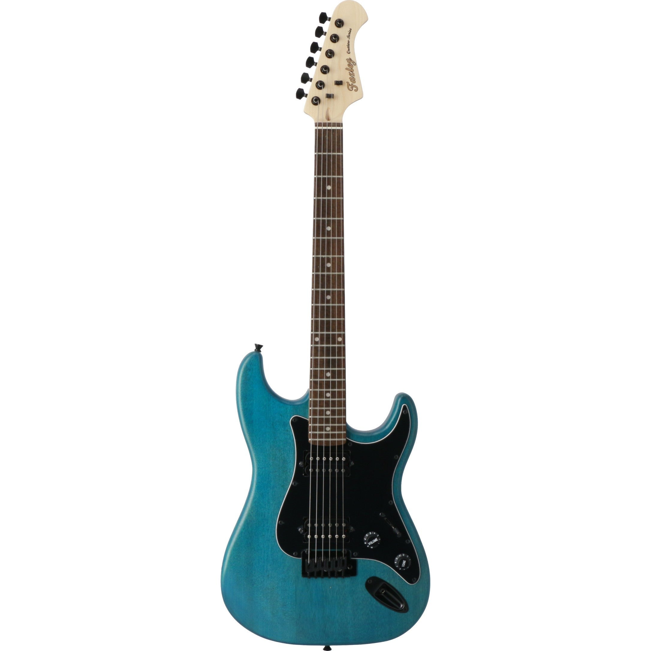 Een blauwe elektrische gitaar met zwart slagplaat en zilveren snaren op witte achtergrond.