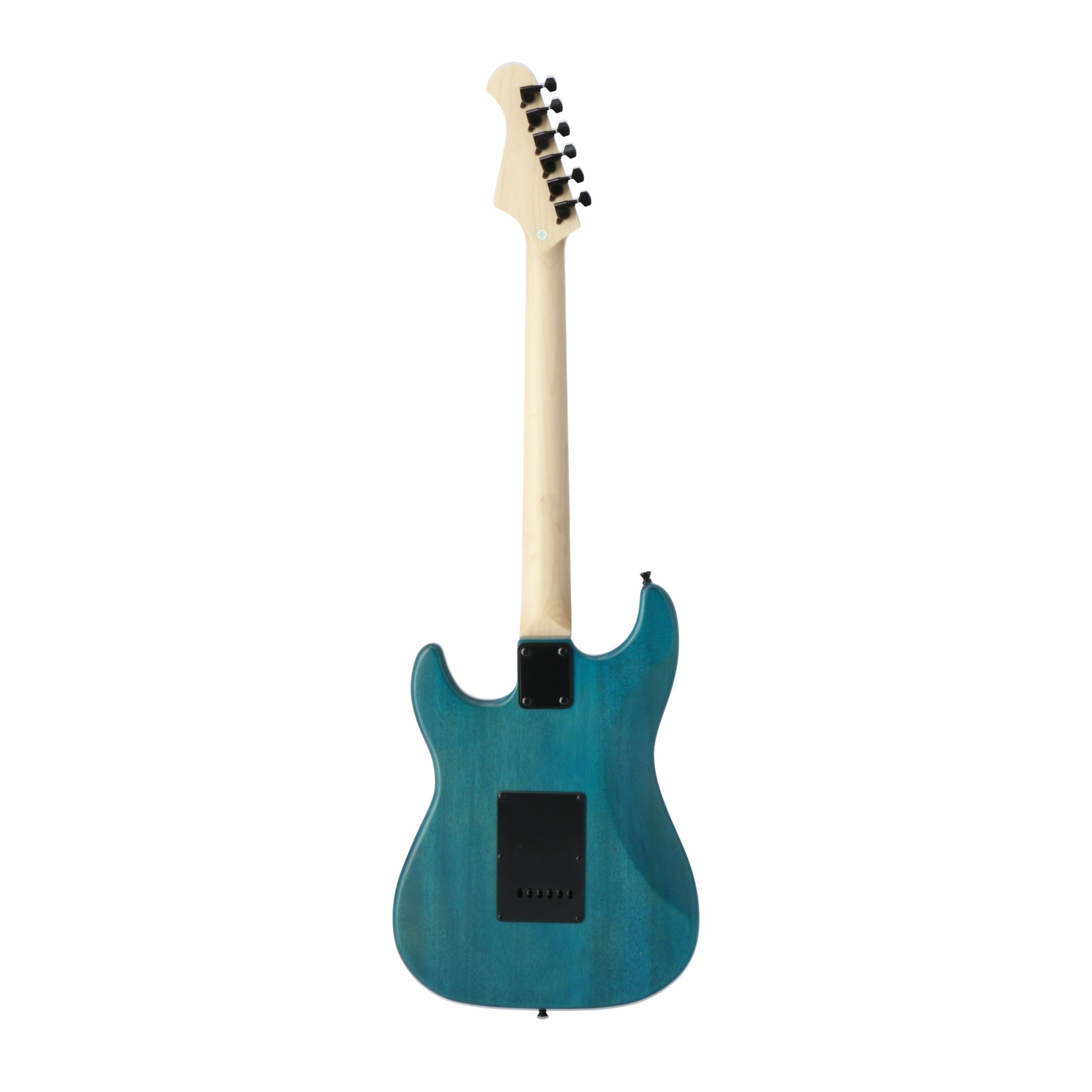 Achterkant van een blauwe elektrische gitaar met lichte houten hals en zwarte stemknoppen.