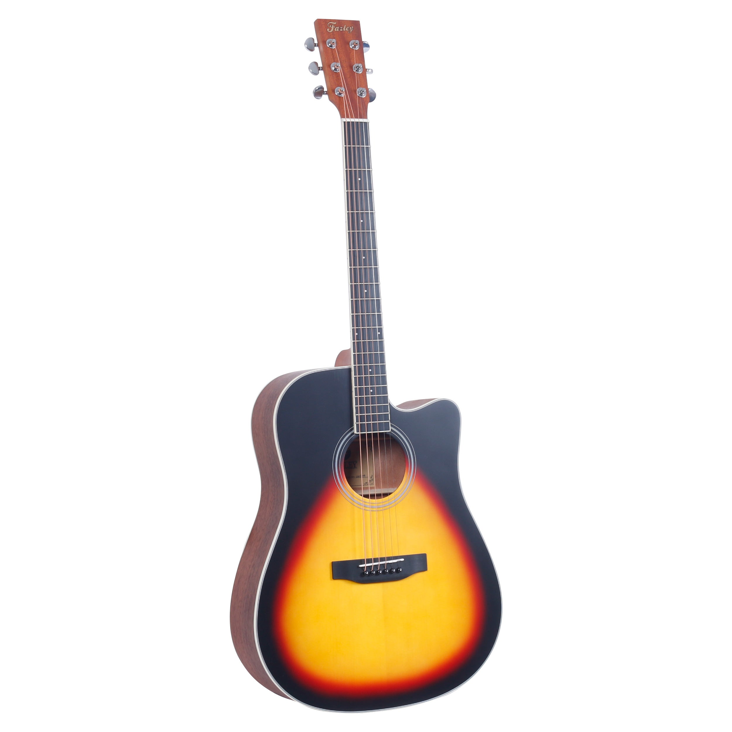 Een akoestische gitaar met een sunburst afwerking op de body.