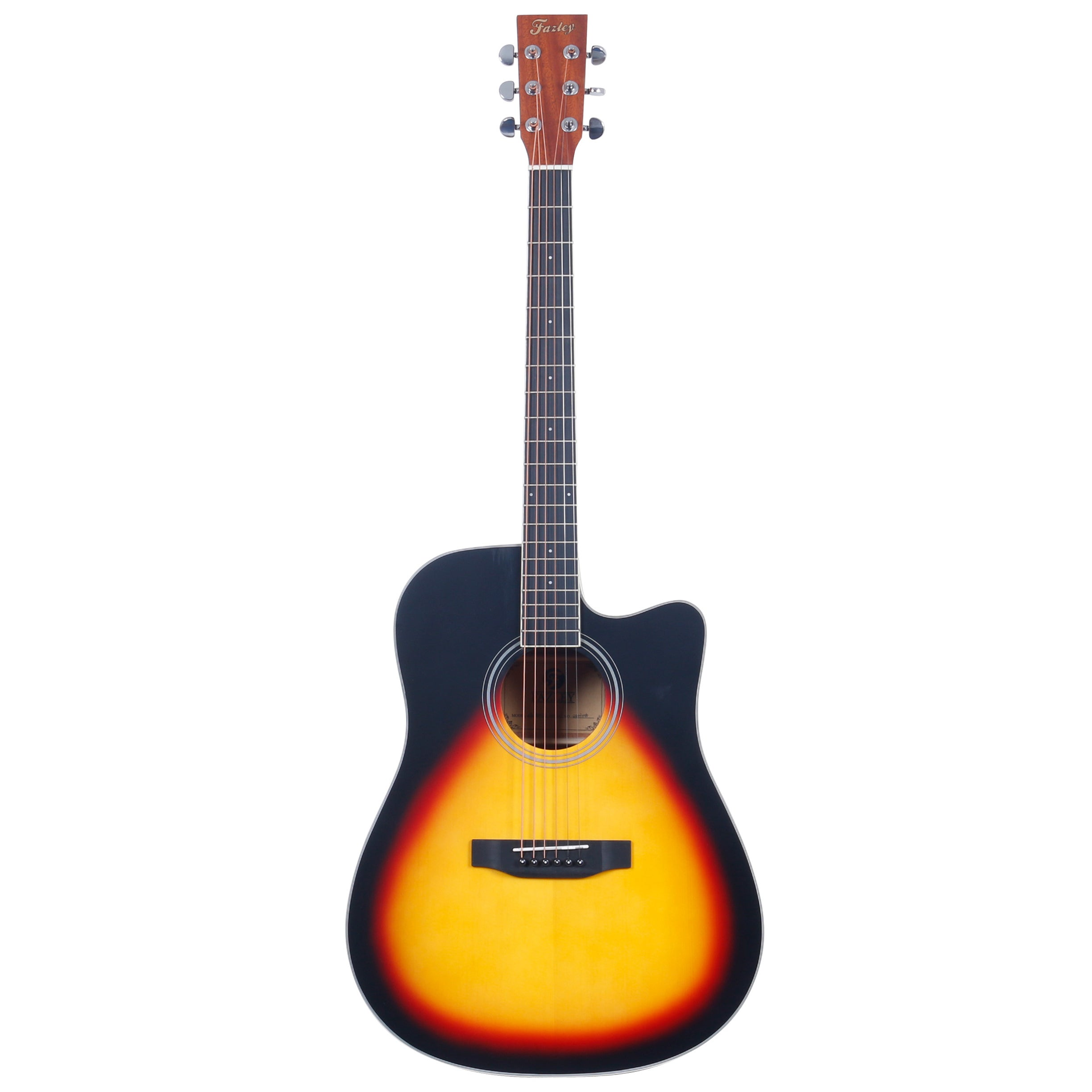 Een akoestische gitaar met sunburst finish en zwart lichaam.