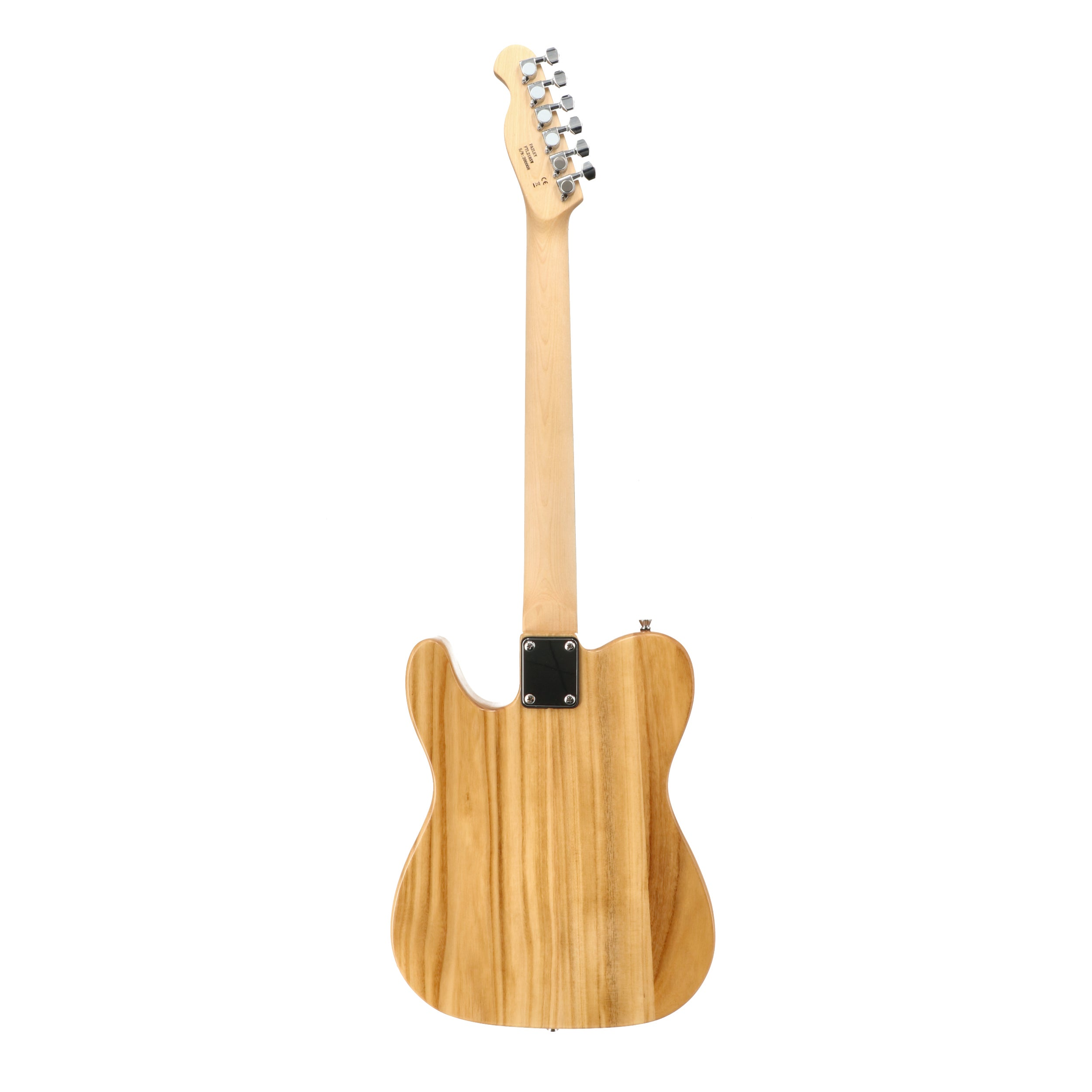 Achterkant van een licht houten elektrische gitaar met zilveren stemknoppen.