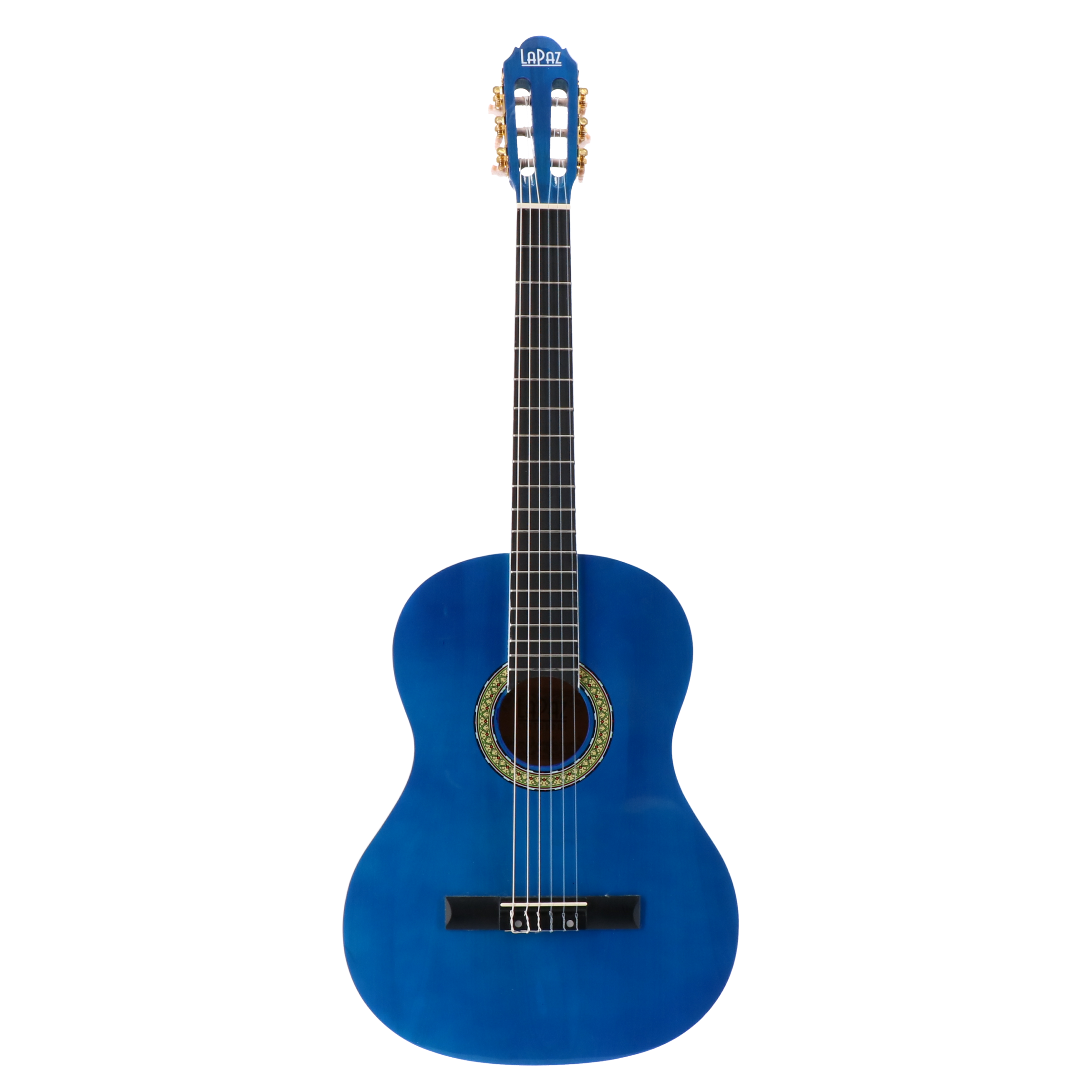 Een blauwe akoestische gitaar met gouden stemknoppen en zwarte snaren.