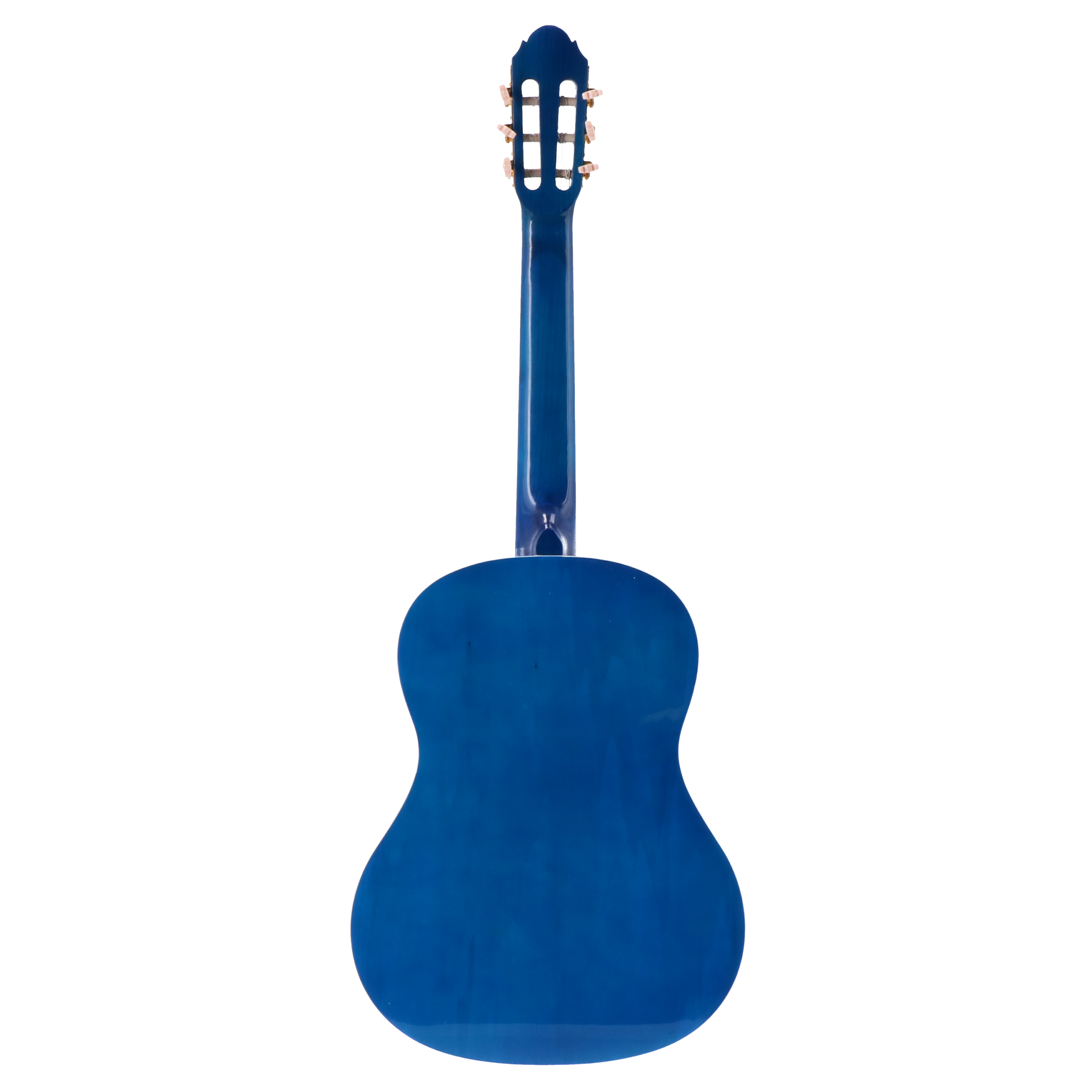 Blauwe gitaar, achterkant, met stemmechanieken zichtbaar op de kop.