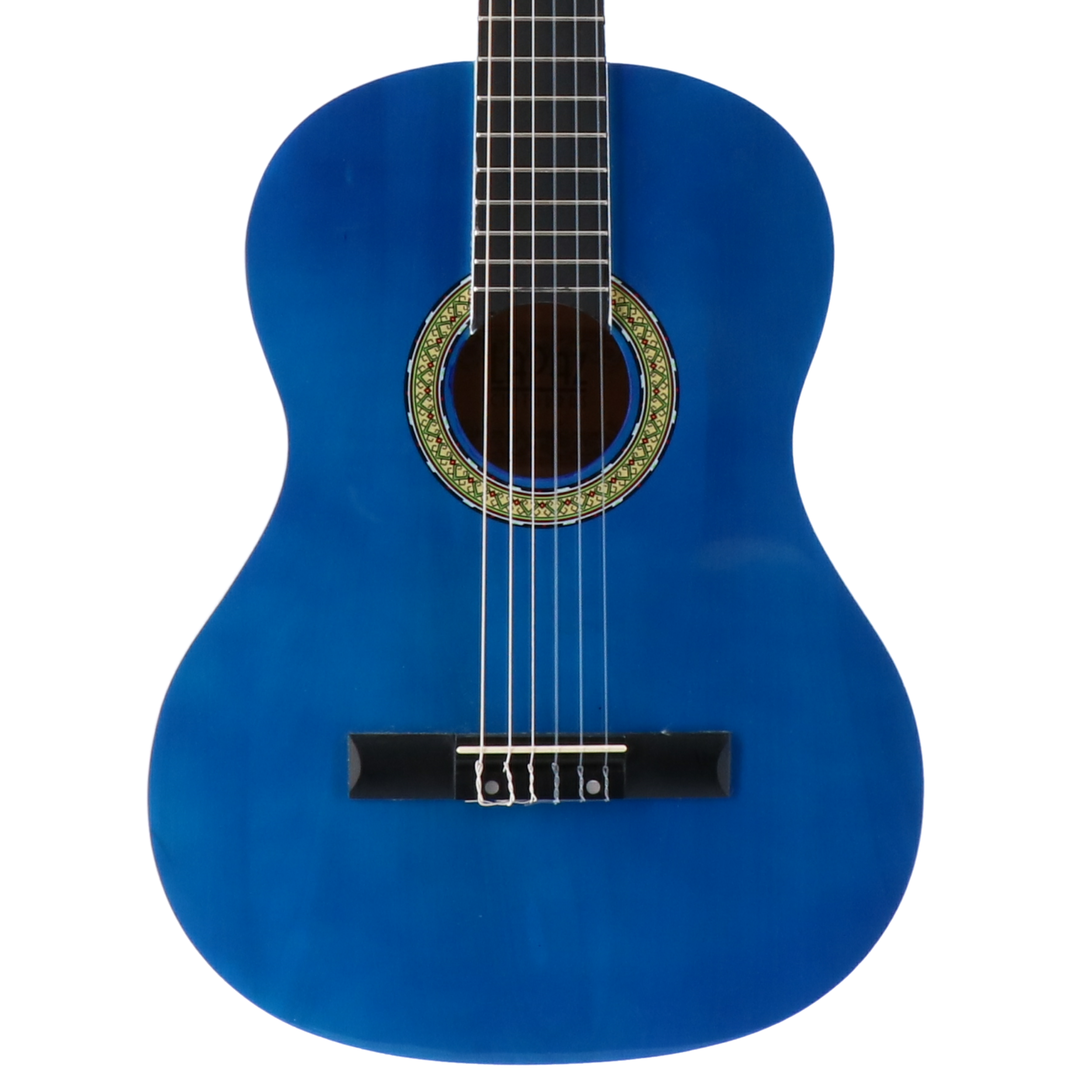 Een blauwe akoestische gitaar met zes snaren en een decoratief klankgat.