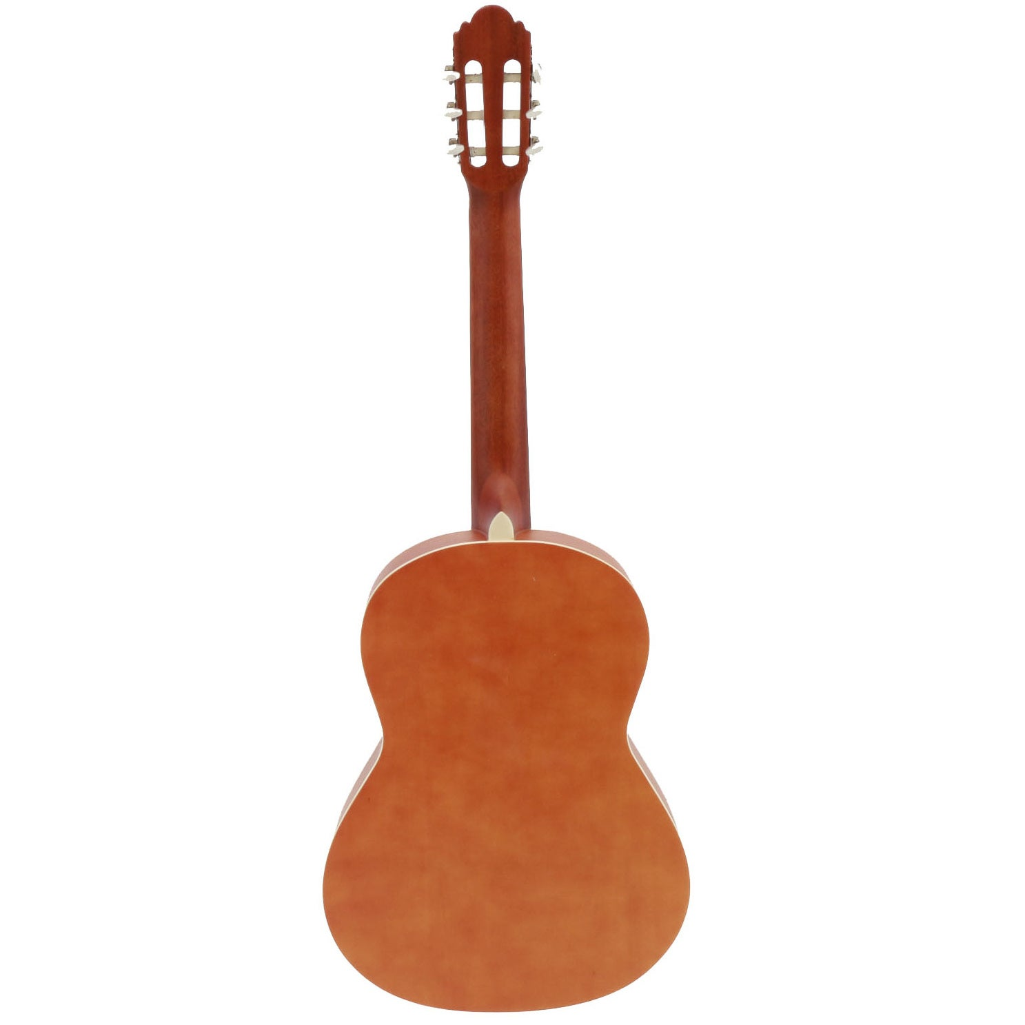 Achterkant van een bruine akoestische gitaar op witte achtergrond.