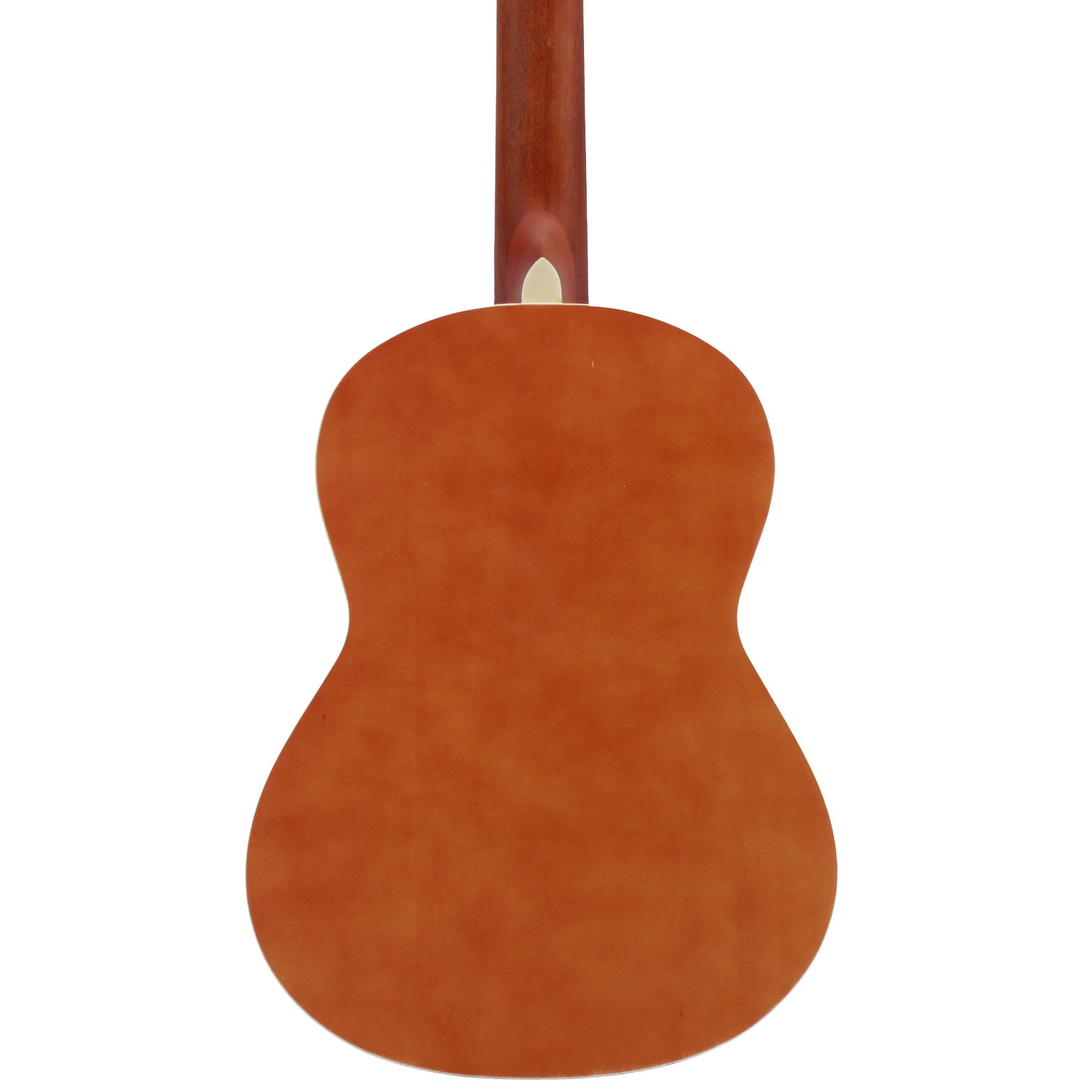 Achterkant van een bruine akoestische gitaar met houtnerf en witte rand.