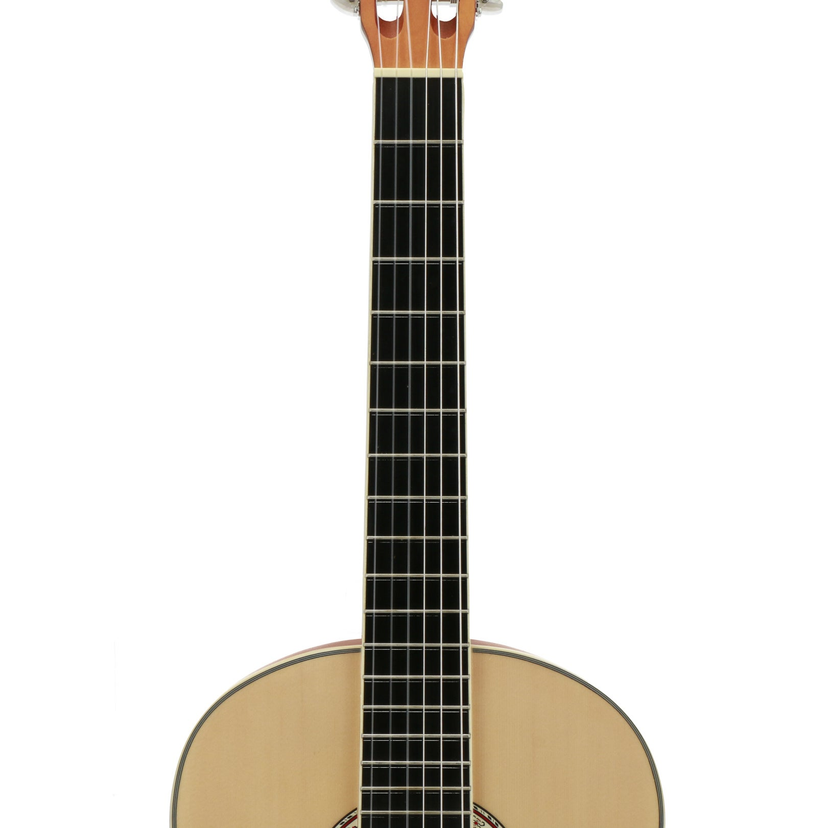 Close-up van een akoestische gitaar met lichte houten body en donker toetsenbord.