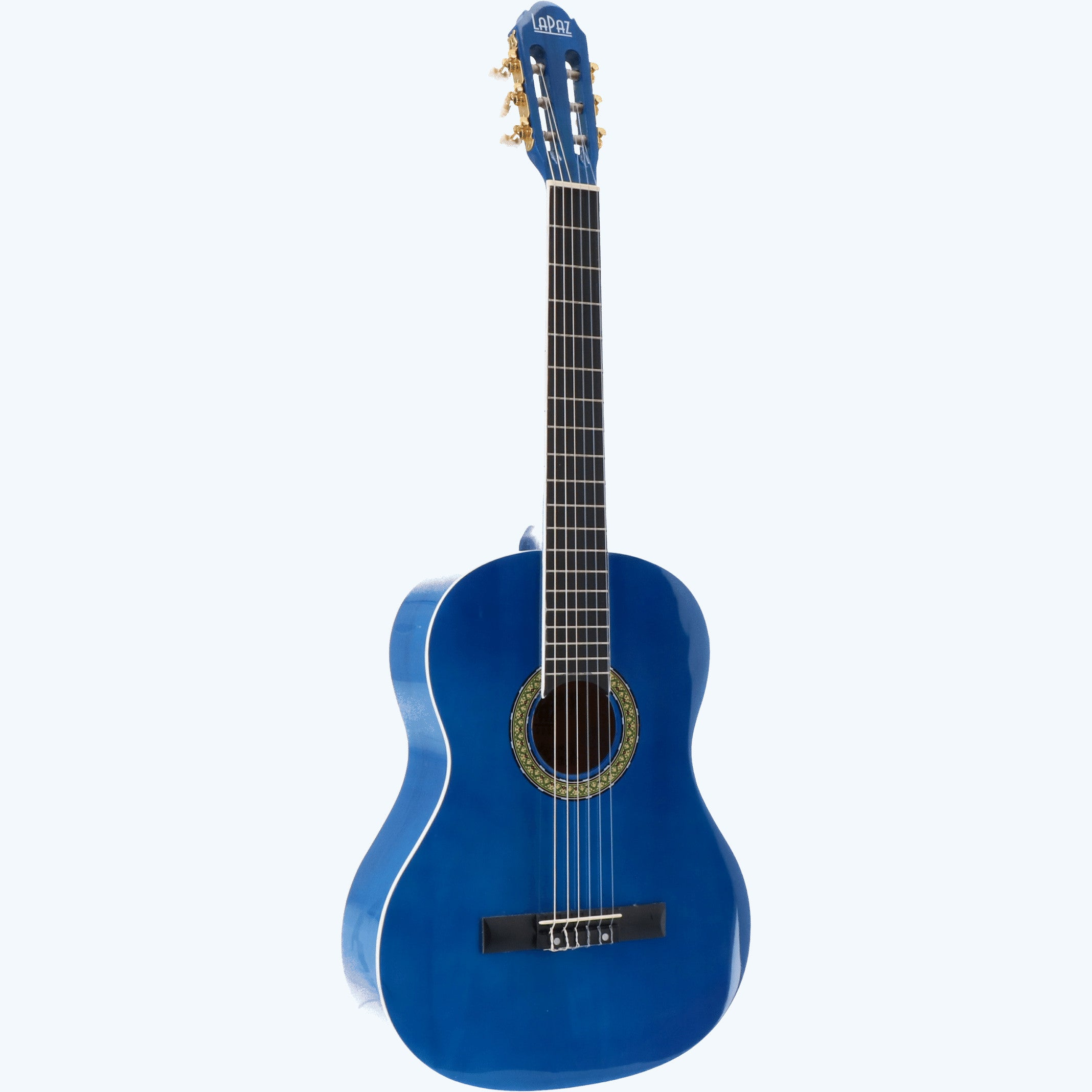 A blue acoustic guitar with gold tuning pegs and a white binding.