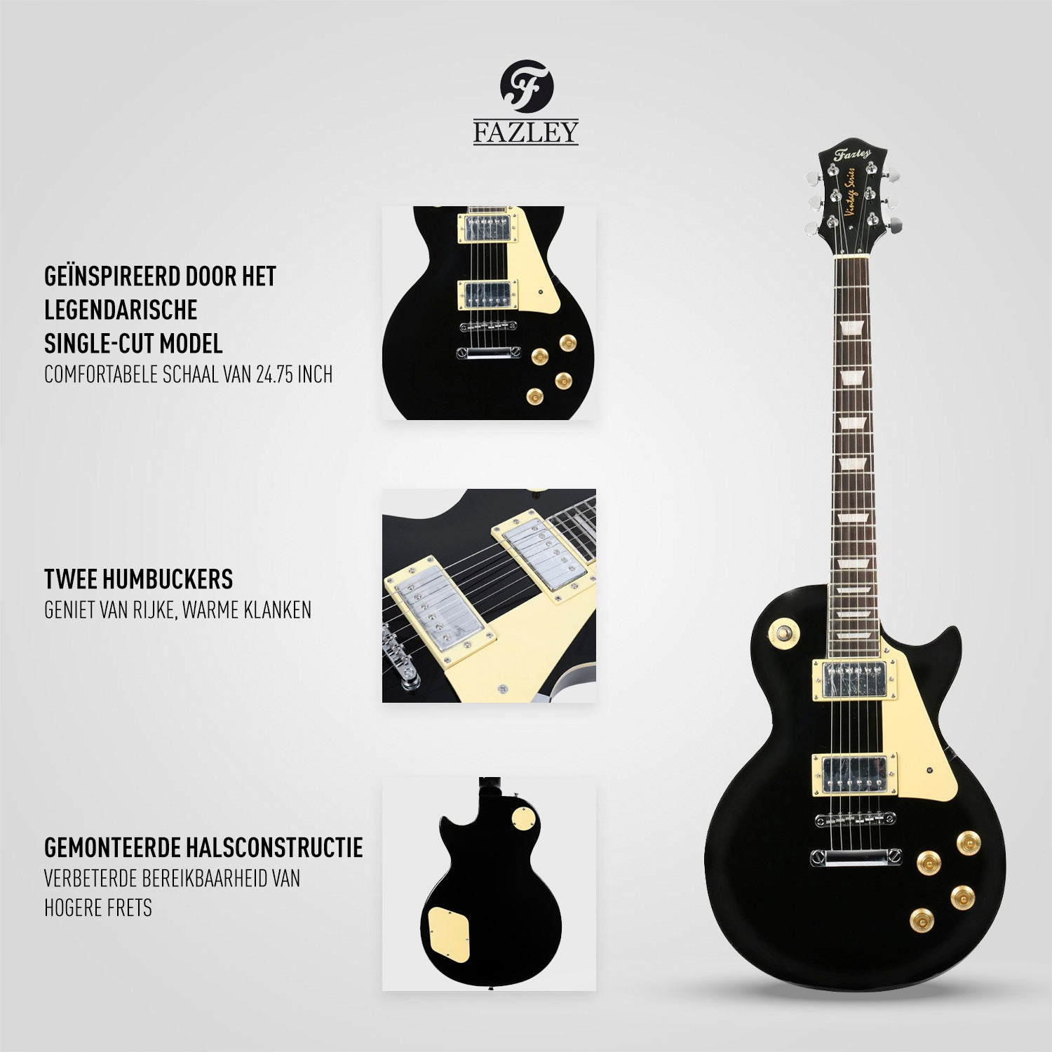 Zwarte elektrische gitaar met gouden hardware en crèmekleurige elementen, klassiek ontwerp.
