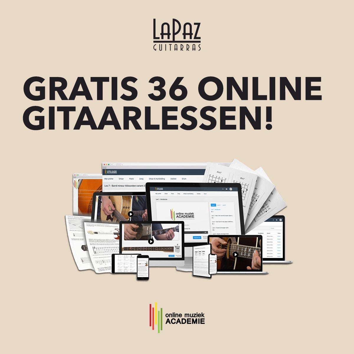 Gratis 36 online gitaarlessen van LaPaz Guitars en Online Muziek Academie.