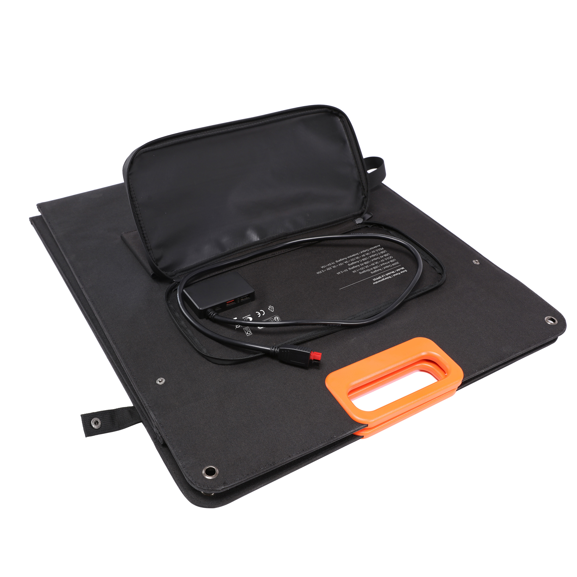 Ein schwarzes, zusammenklappbares Solarpanel mit einem orangefarbenen Griff und einem Ladecontroller.