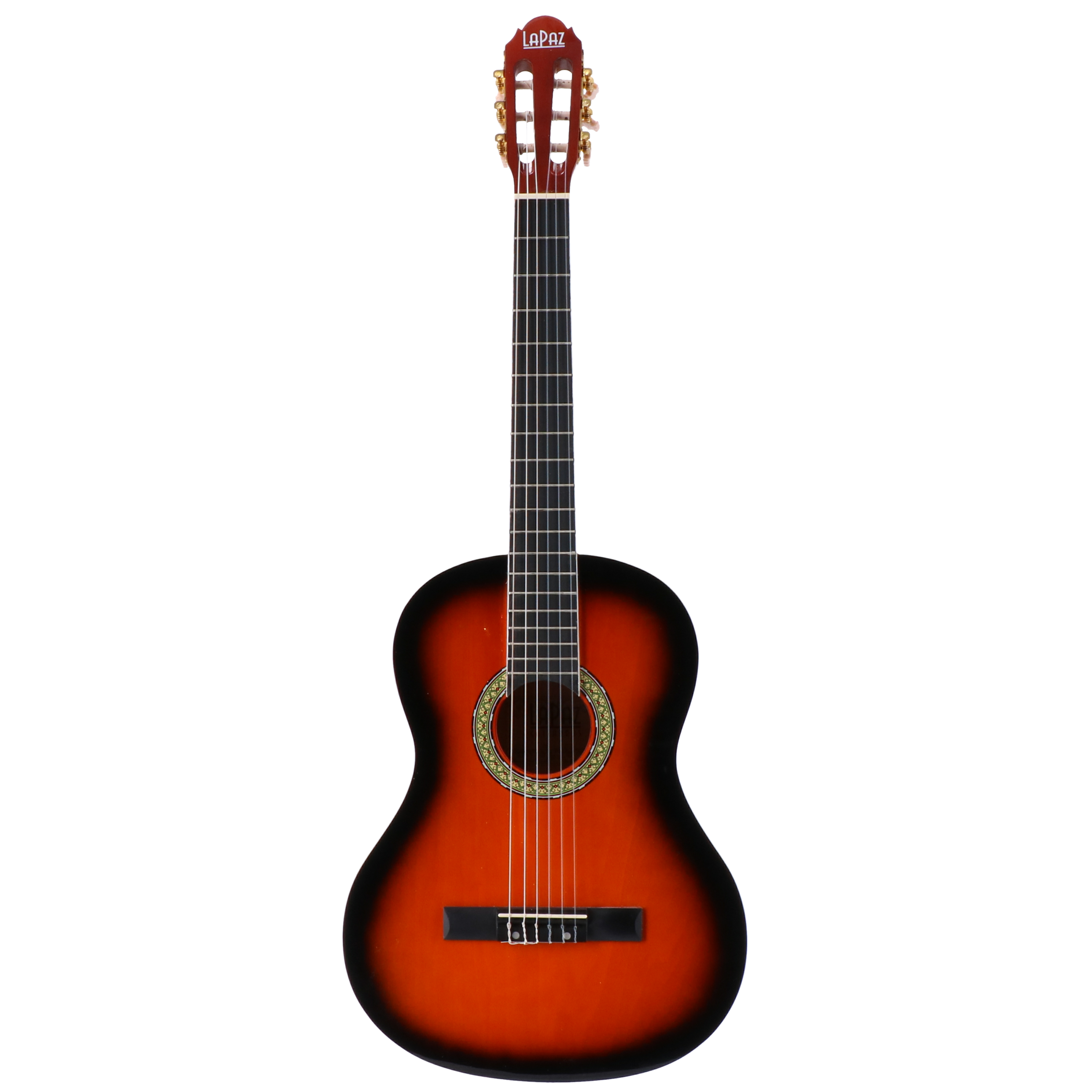 Een klassieke gitaar met een oranje en zwart lichaam en zes snaren.