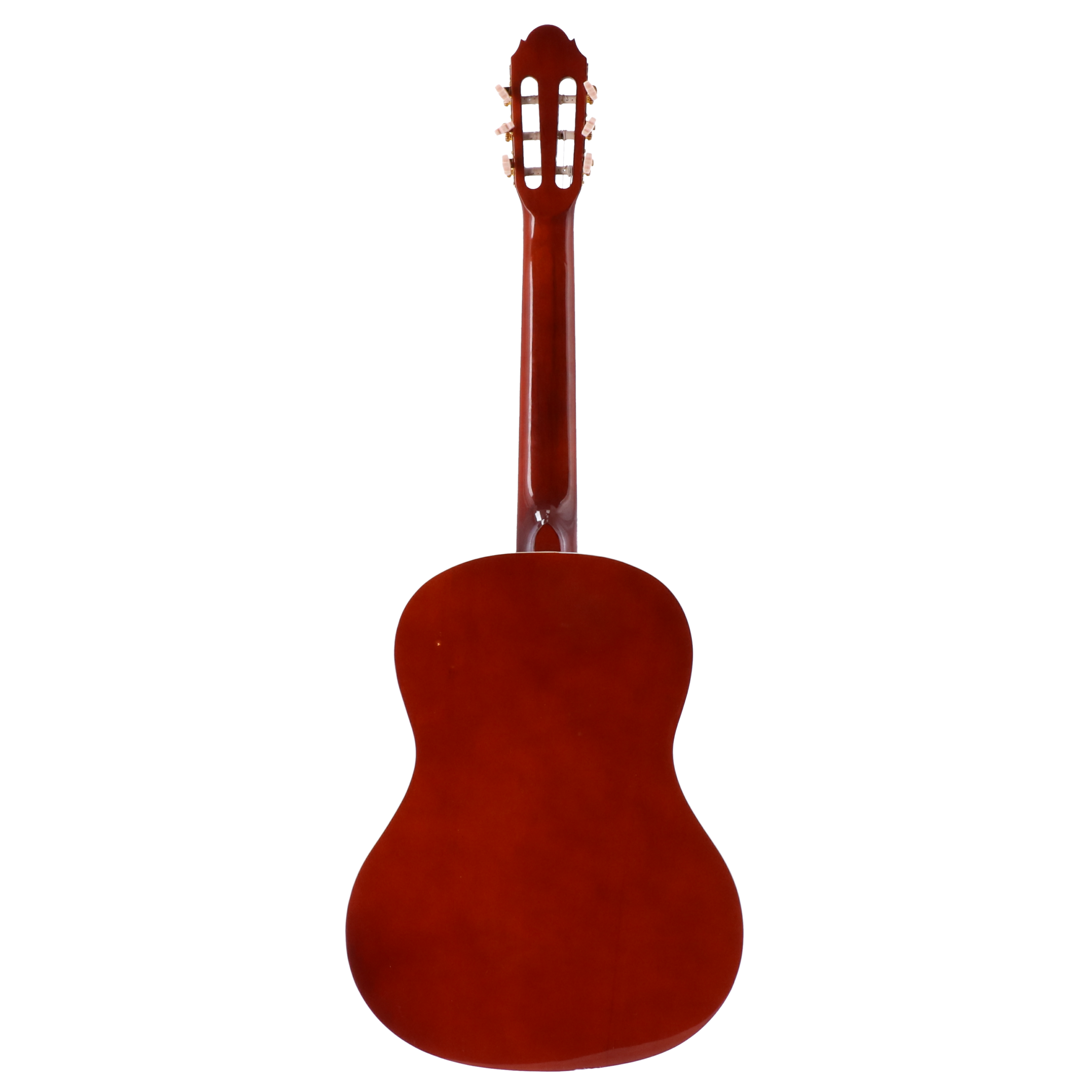 Achterkant van een bruine gitaar met hals en stemmechanieken.