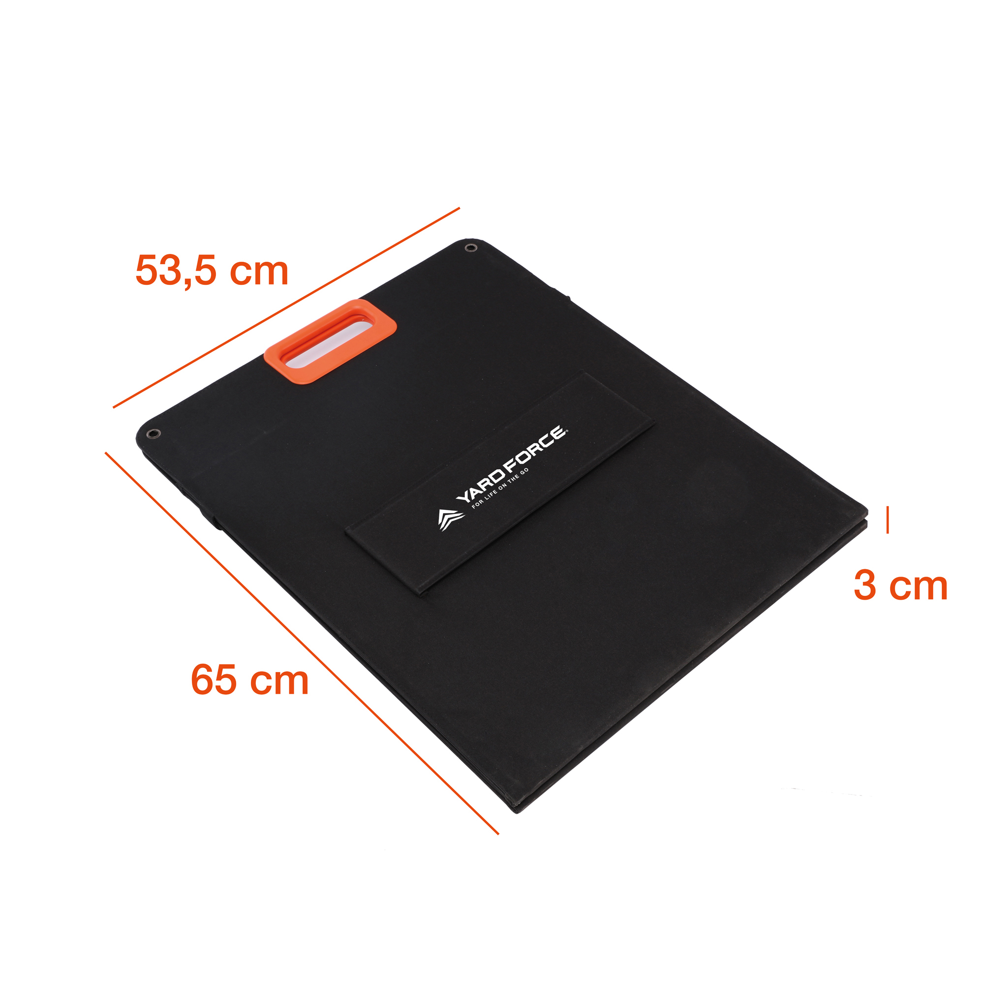 Schwarzes Solarpanel, 65x53,5 cm, 3 cm dick, mit orangefarbenem Griff.