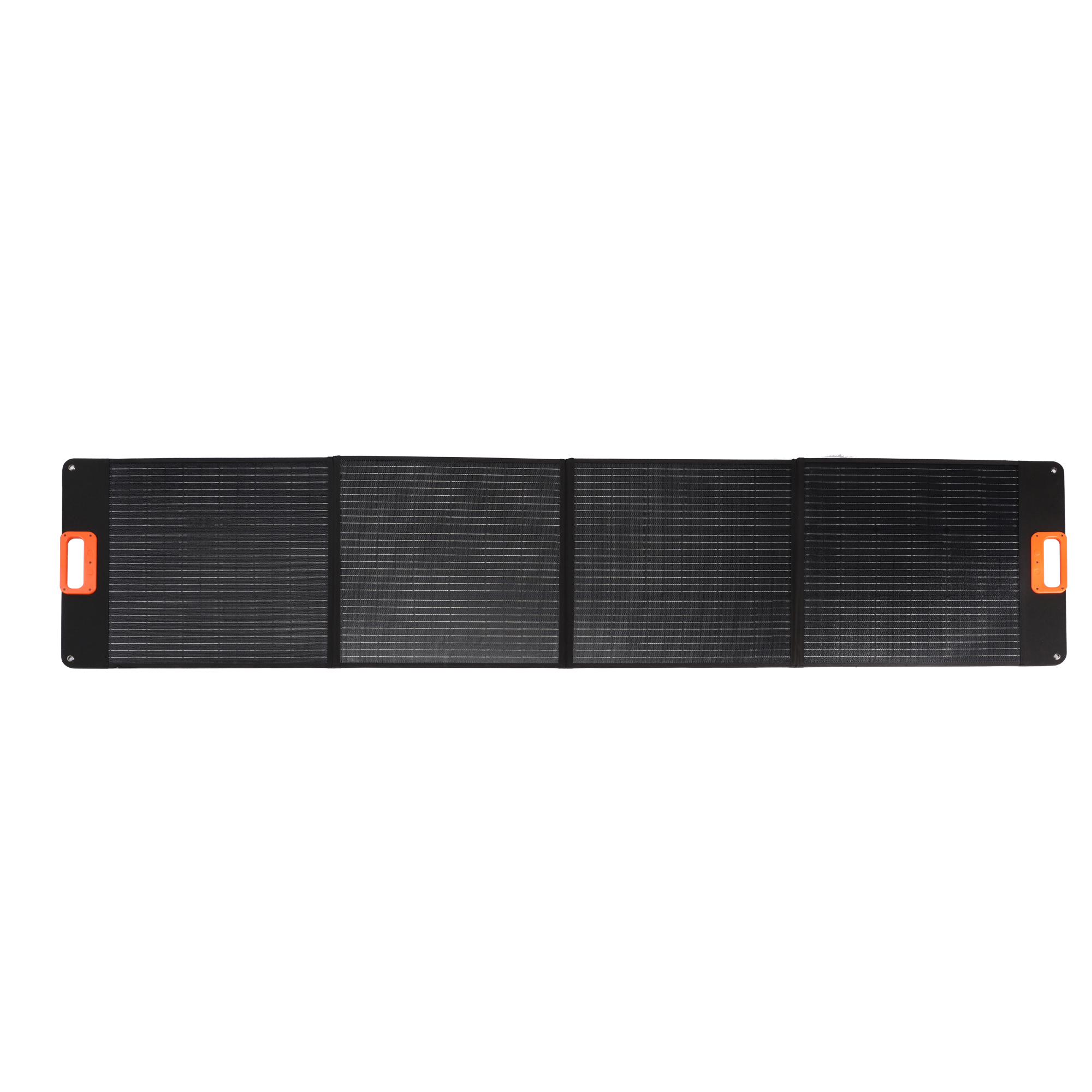 Schwarzes Solarpanel mit orangefarbenen Griffen an jedem Ende.
