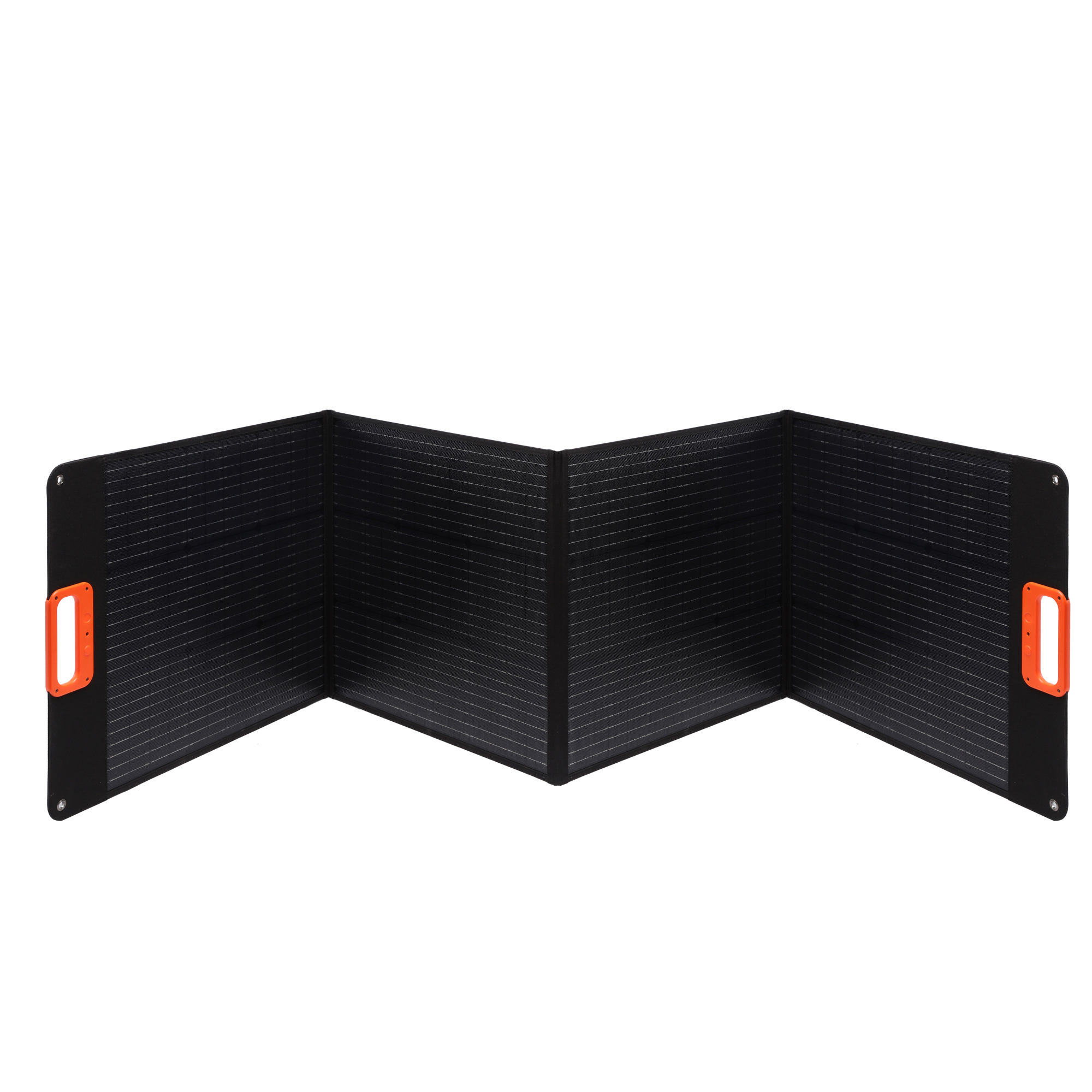 Ein zusammenklappbares Solarpanel mit schwarzen Paneelen und orangefarbenen Griffen auf beiden Seiten.