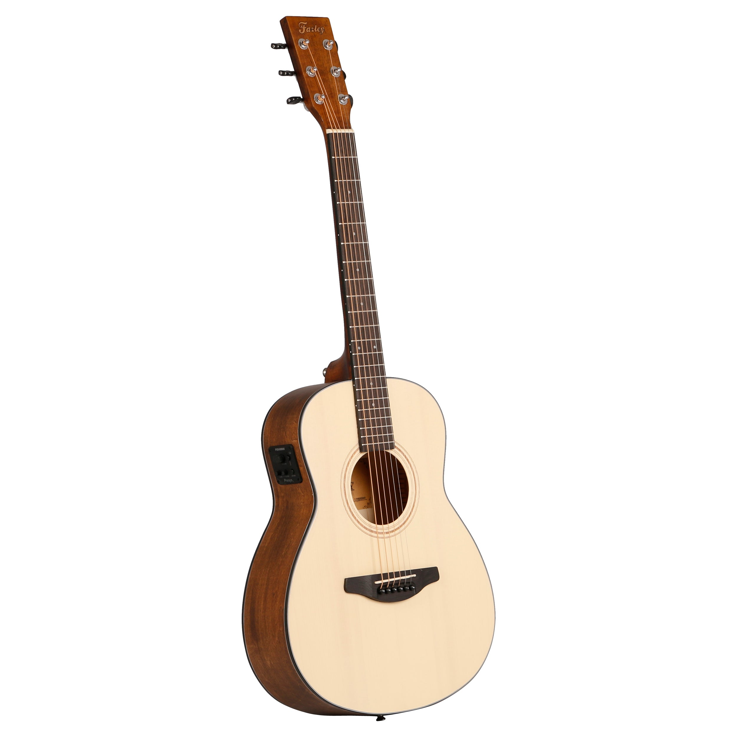 Een akoestische gitaar met een lichtgekleurde body, donkere hals en kop.