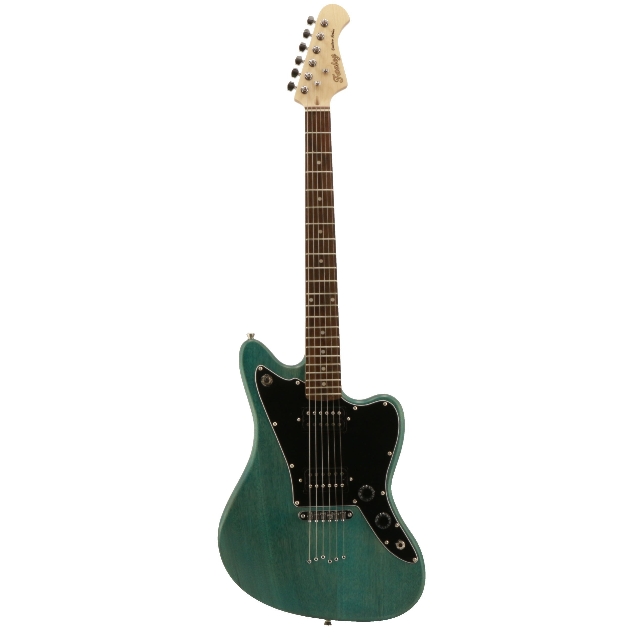 Een groene elektrische gitaar met een zwart slagplaat en zilveren snaren.