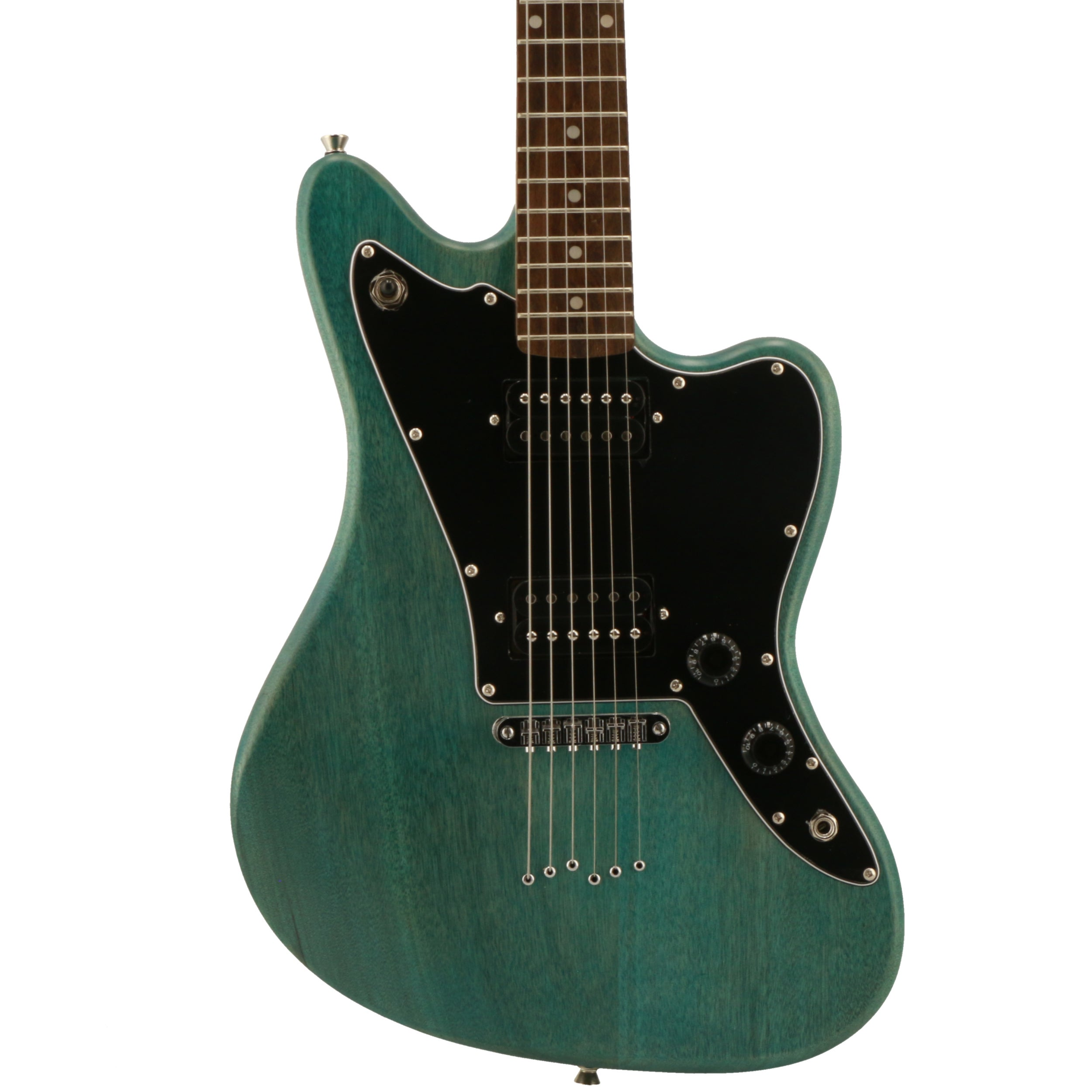 Turquoise elektrische gitaar met zwart slagplaat en zes snaren.