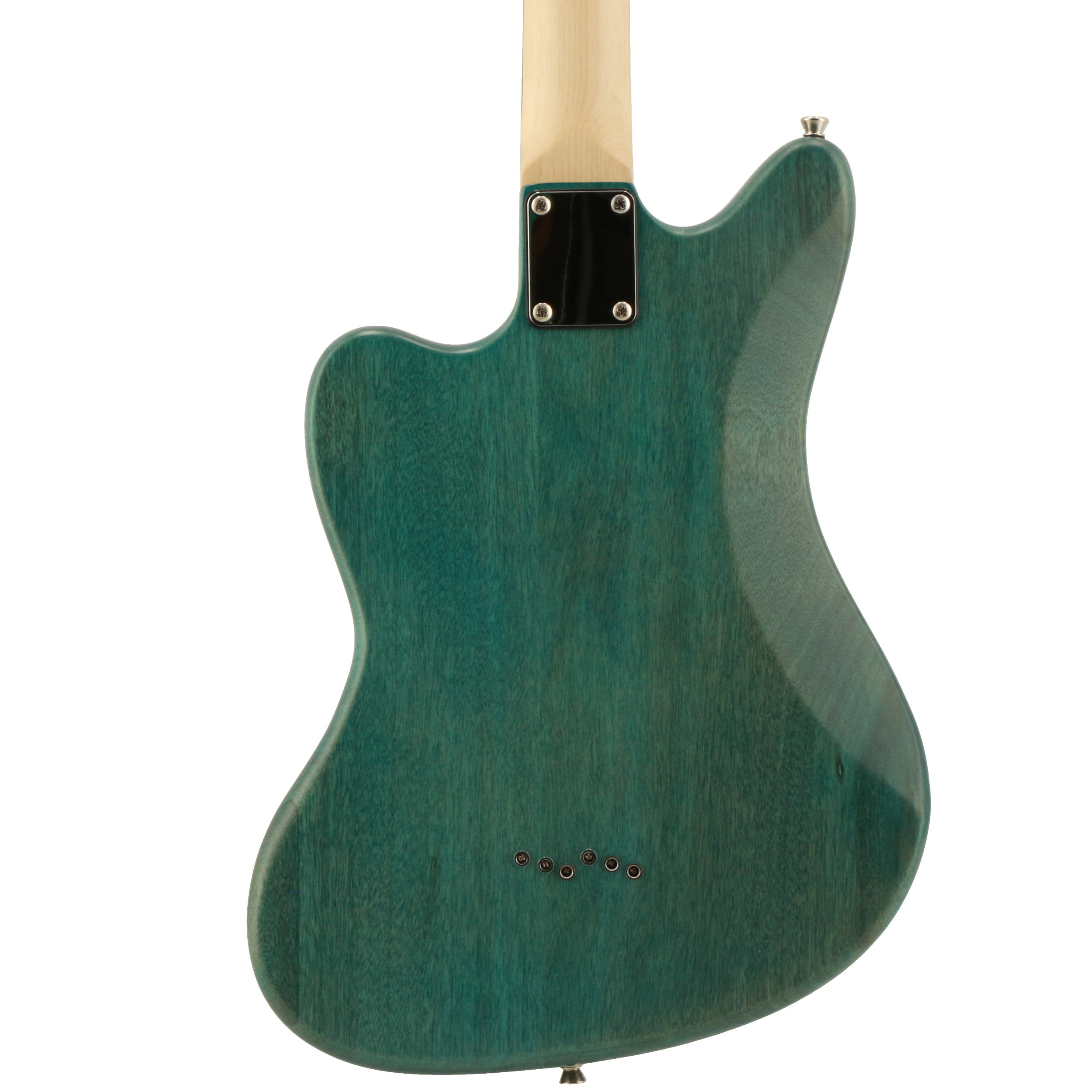 Achterkant van een groene elektrische gitaar met houtnerf en zilveren hardware.