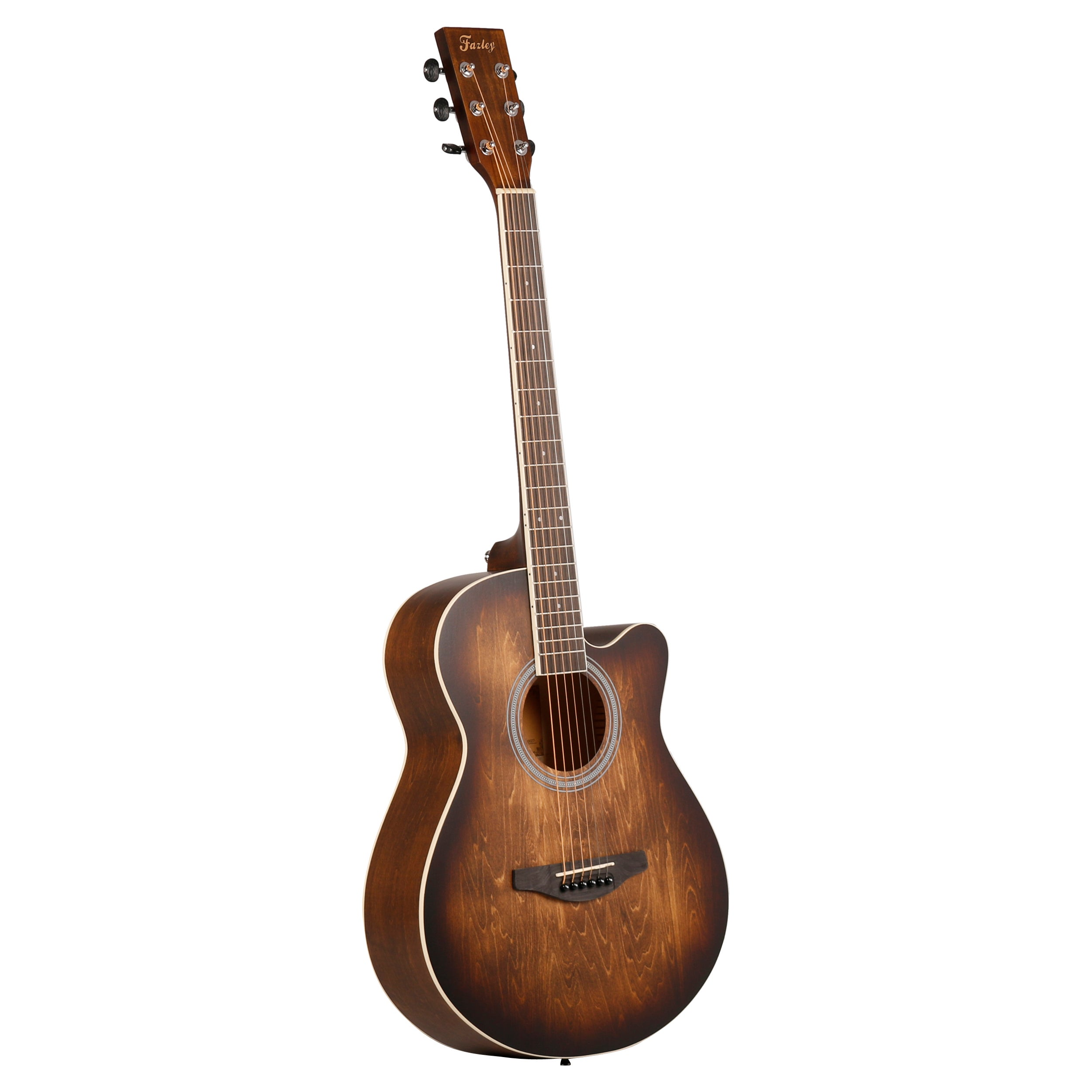 Een bruine akoestische gitaar met cutaway op witte achtergrond.