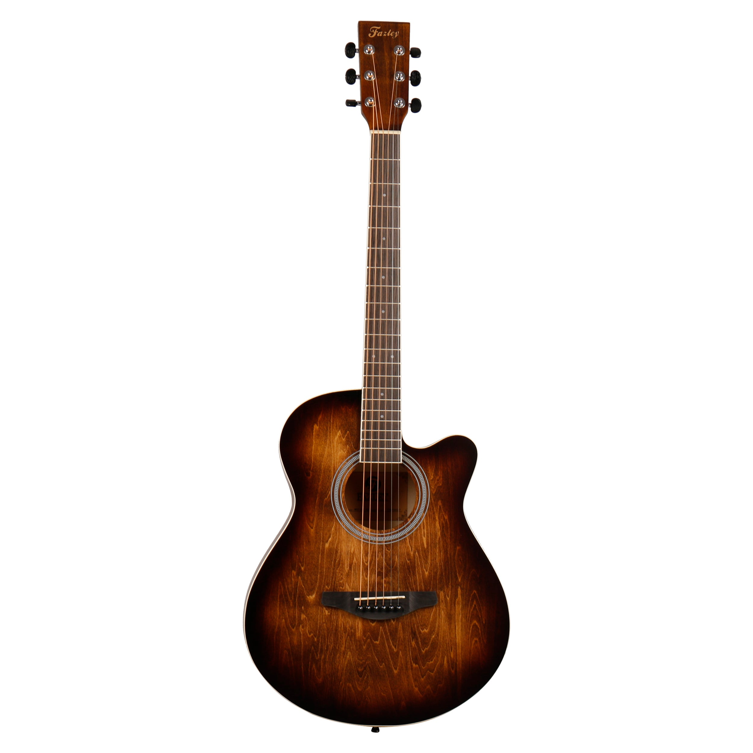 Een bruine akoestische gitaar met zes snaren en een cutaway.