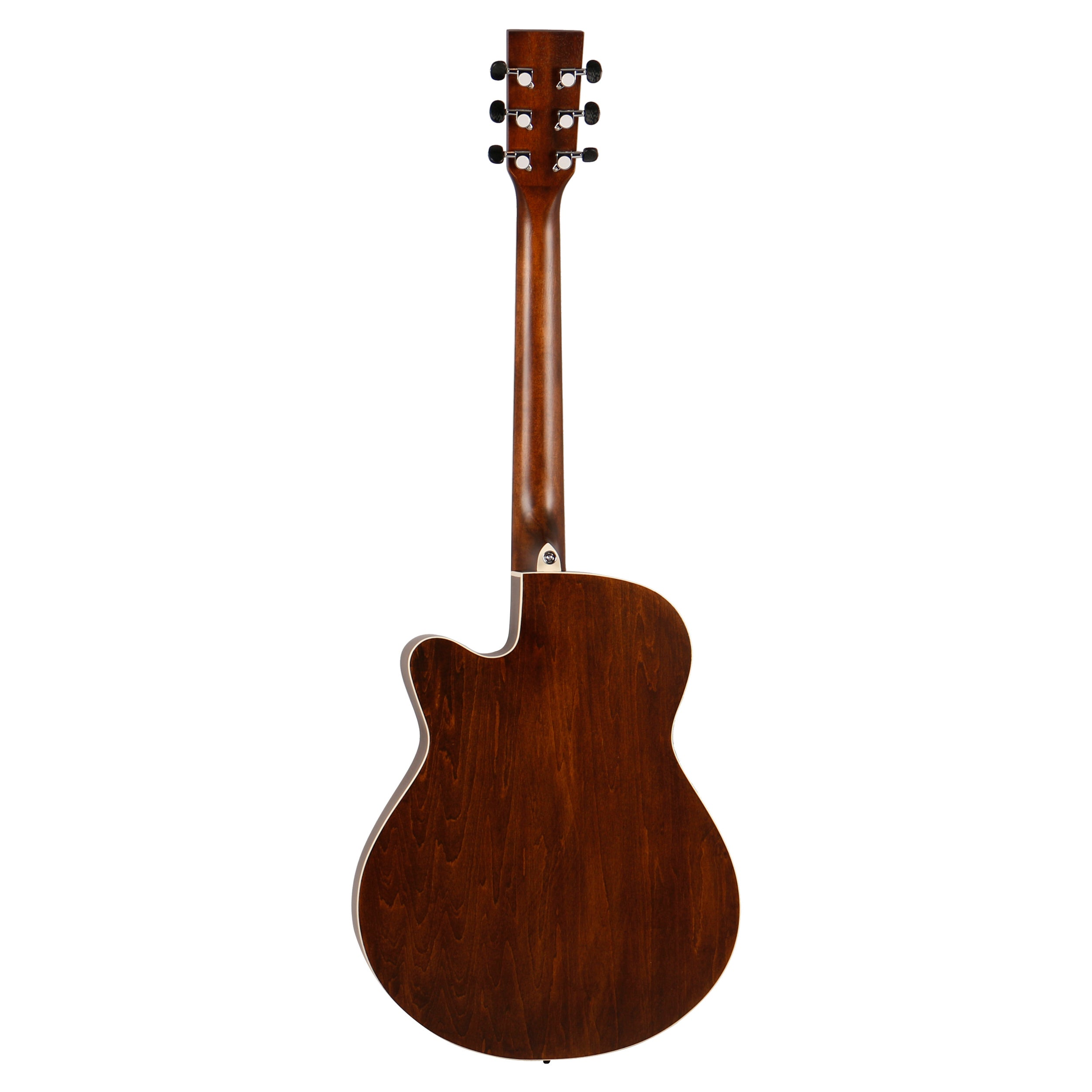 Achterkant van een bruine akoestische gitaar met cutaway, op witte achtergrond.