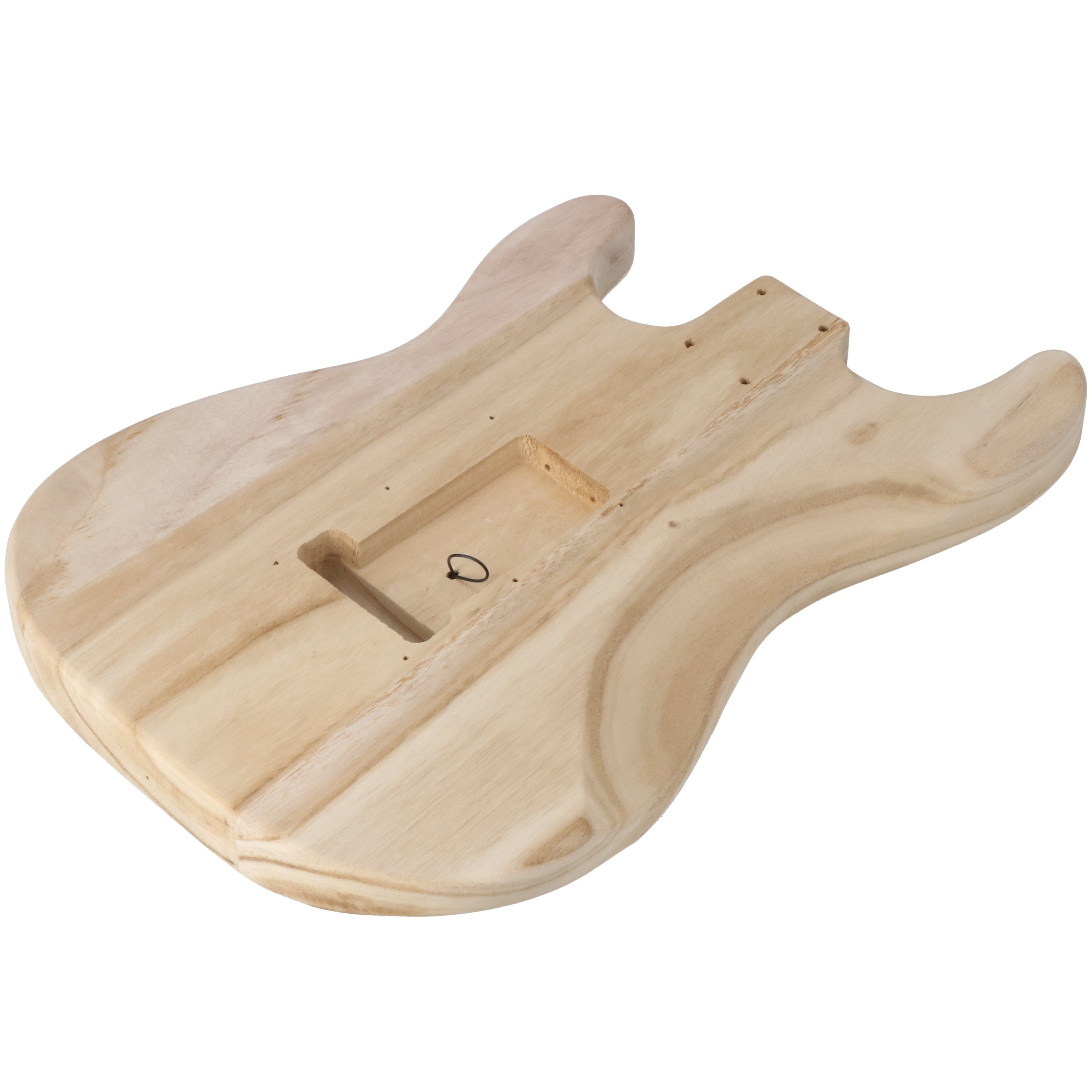 Een onafgewerkte, lichte houten gitaarkop met zichtbare nerfdetails.
