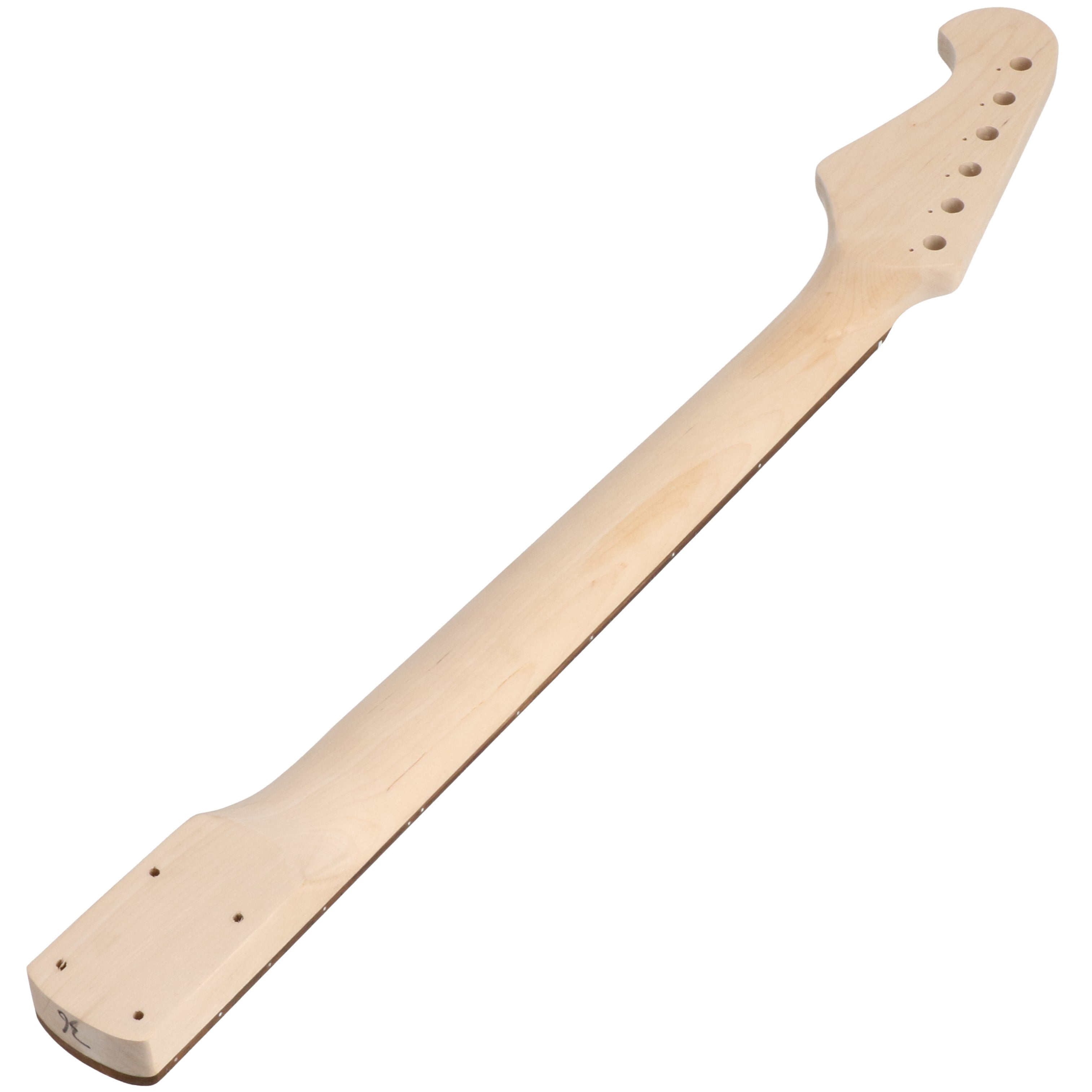 Een onafgewerkte, lichte houten gitaarhals met zes stemmechaniek-gaten.