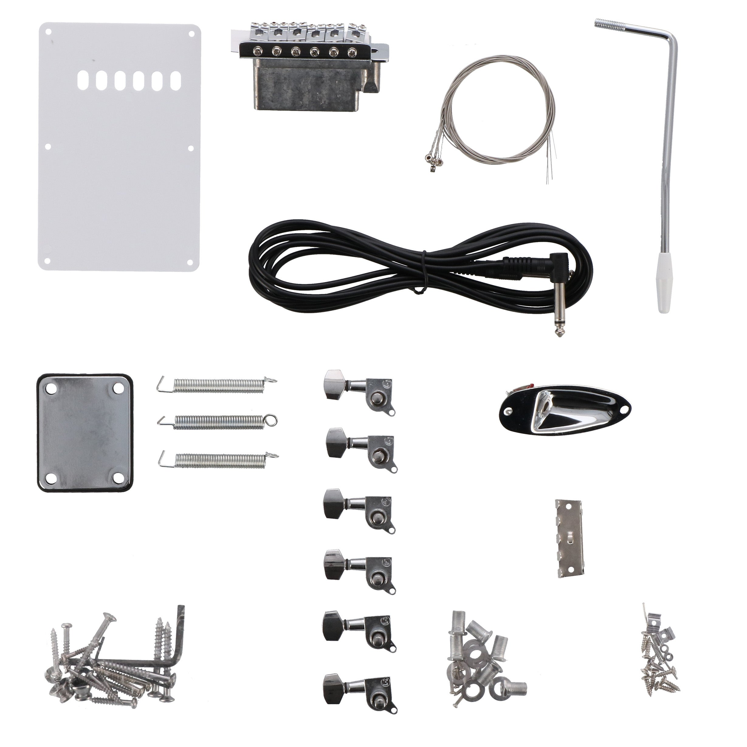Gitaar hardware: brug, snaren, kabel, stemmechanieken, schroeven, veren, jack, plaat.