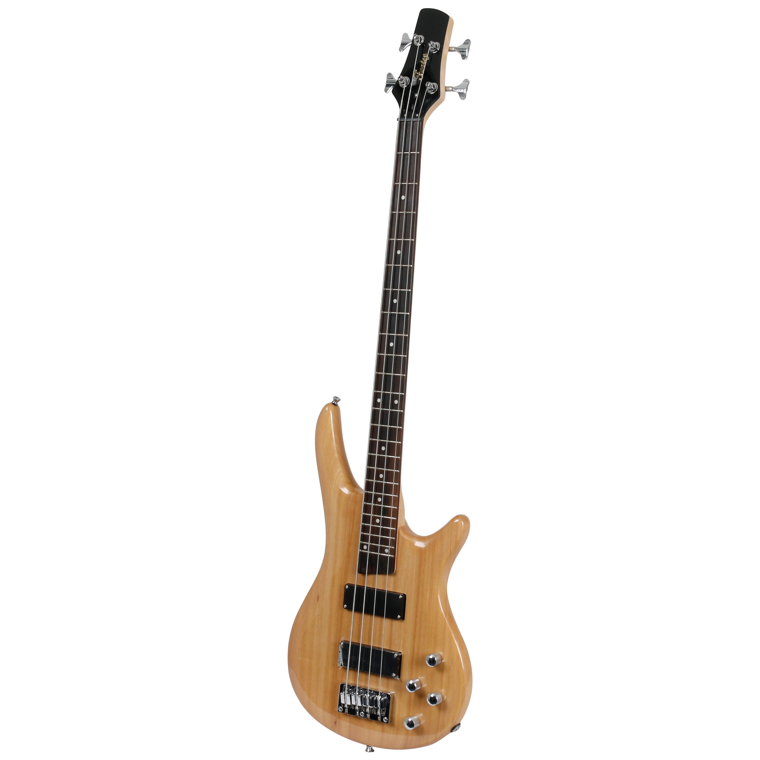 Een houten elektrische basgitaar met een zwarte kop en vier snaren.