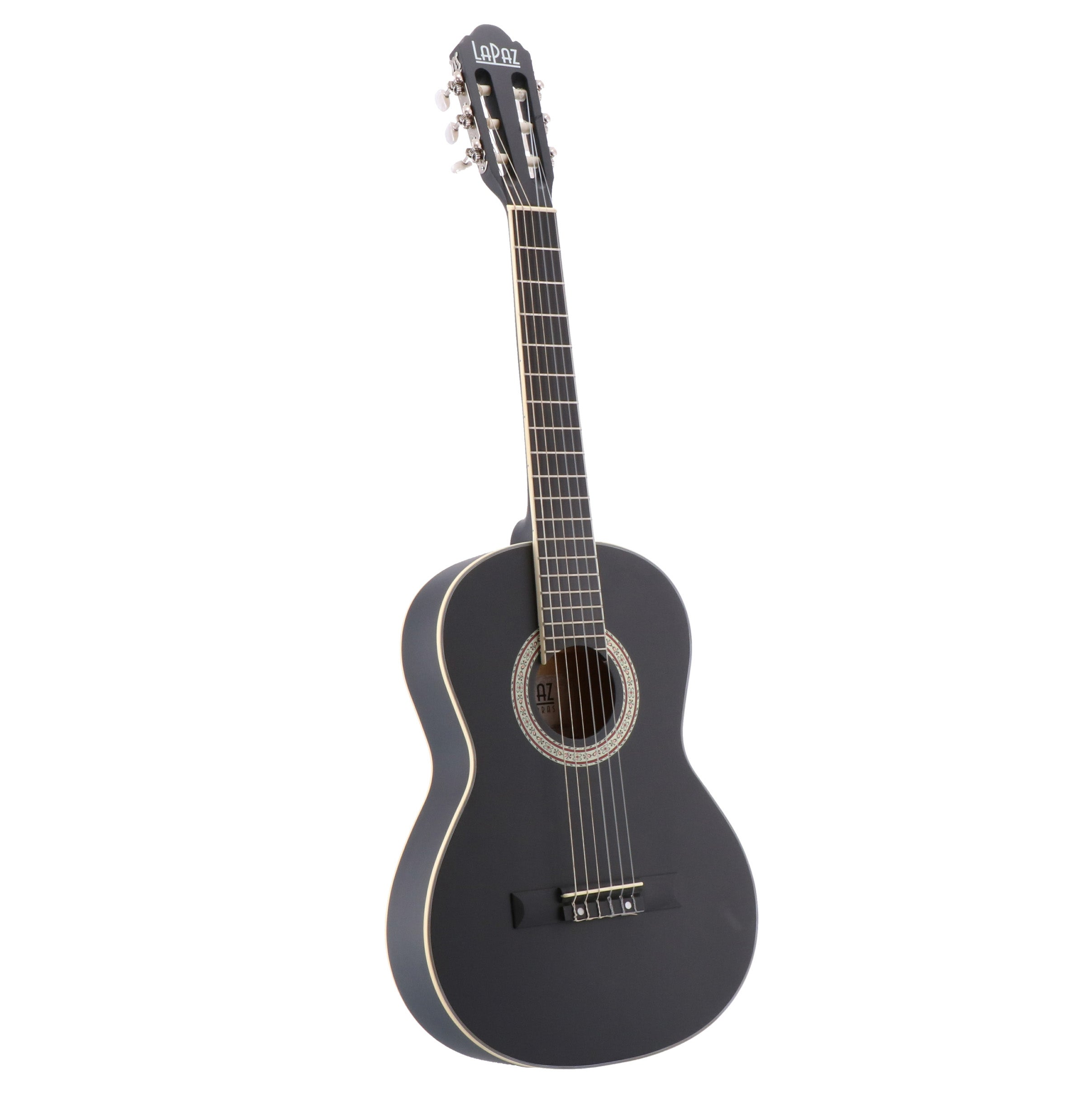 Een zwarte akoestische gitaar met zilveren snaren en stemknoppen op witte achtergrond.