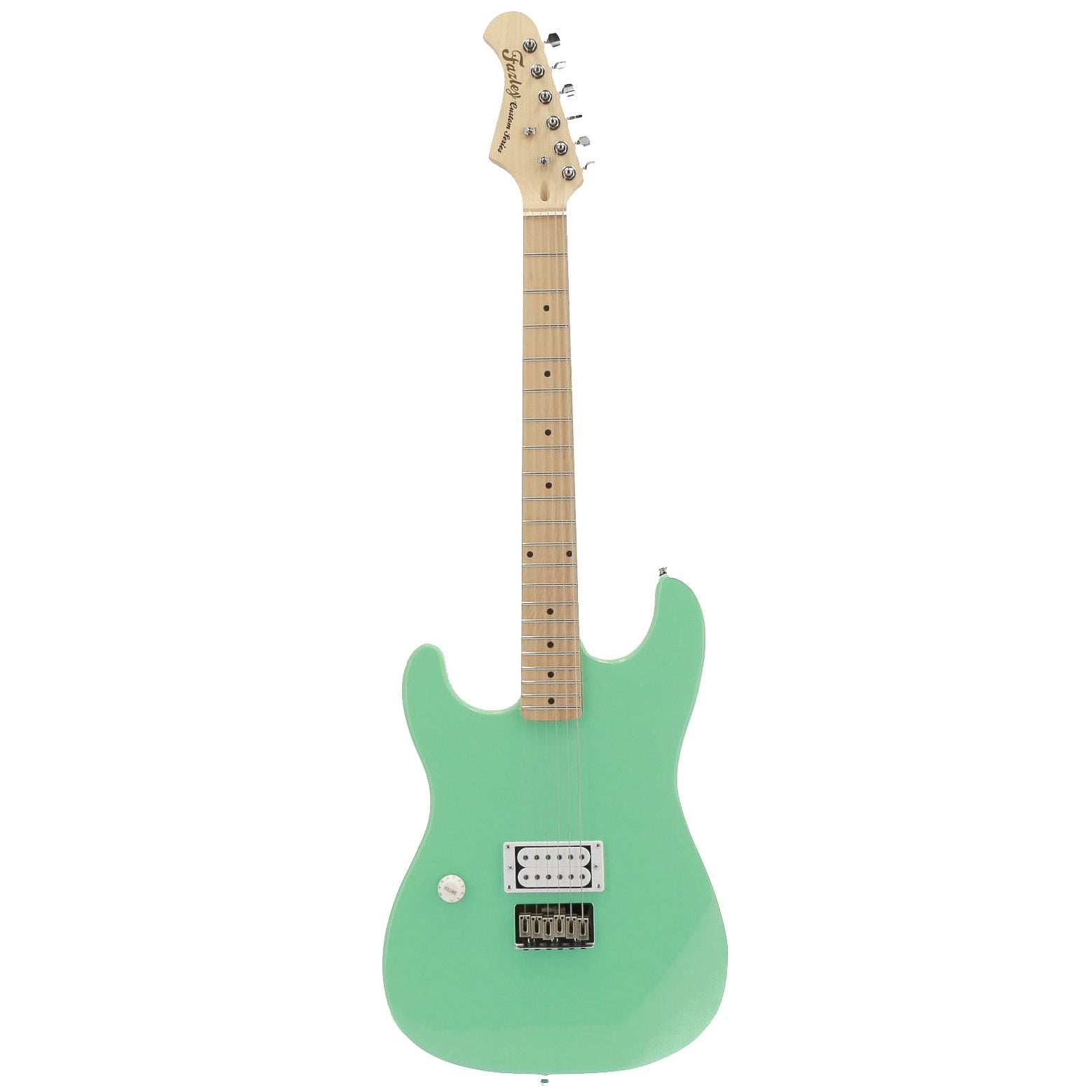 Een mintgroene elektrische gitaar met een lichtgekleurd fretboard en zilveren hardware.