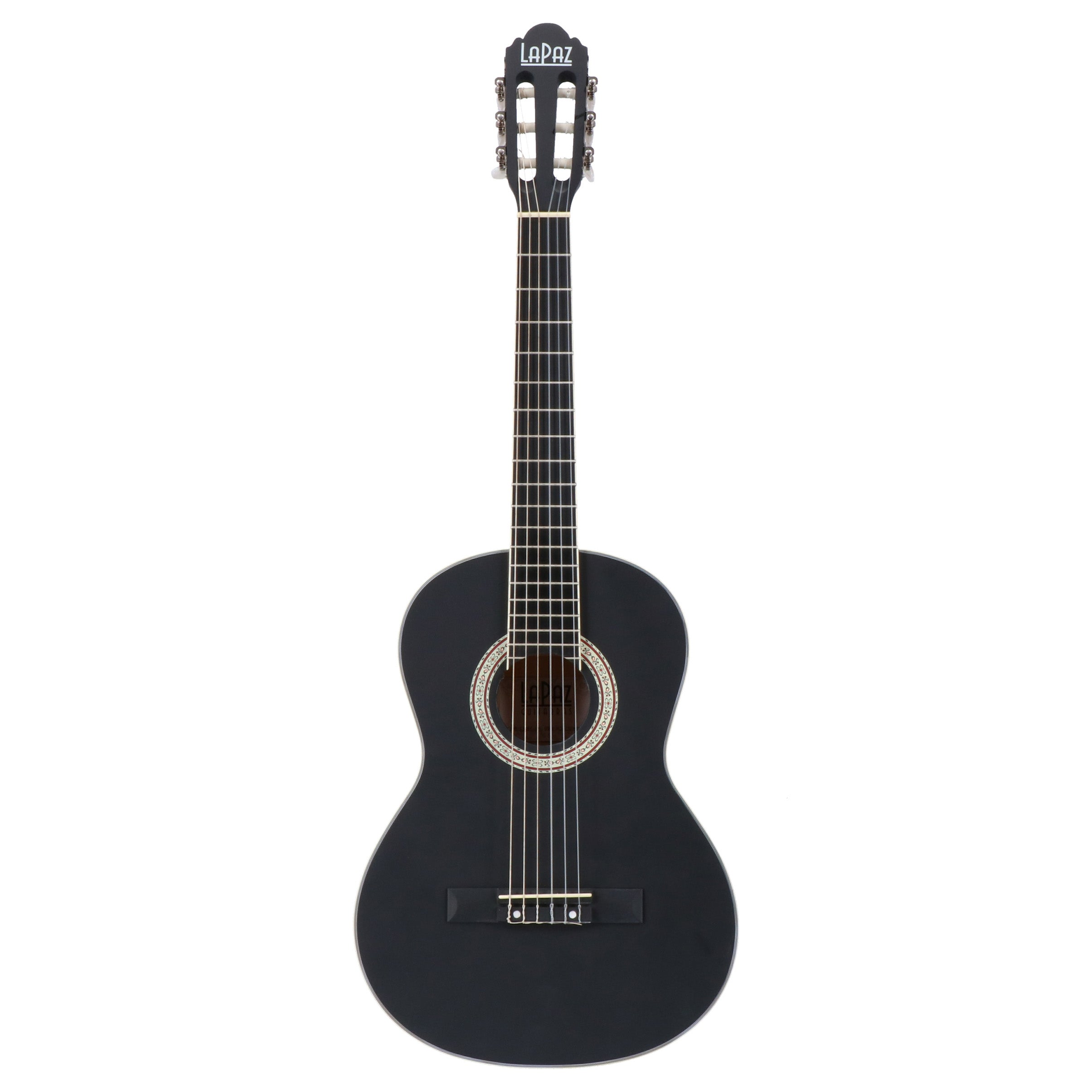 Een zwarte akoestische gitaar met zes snaren en de merknaam "LAPAZ" op de kop.