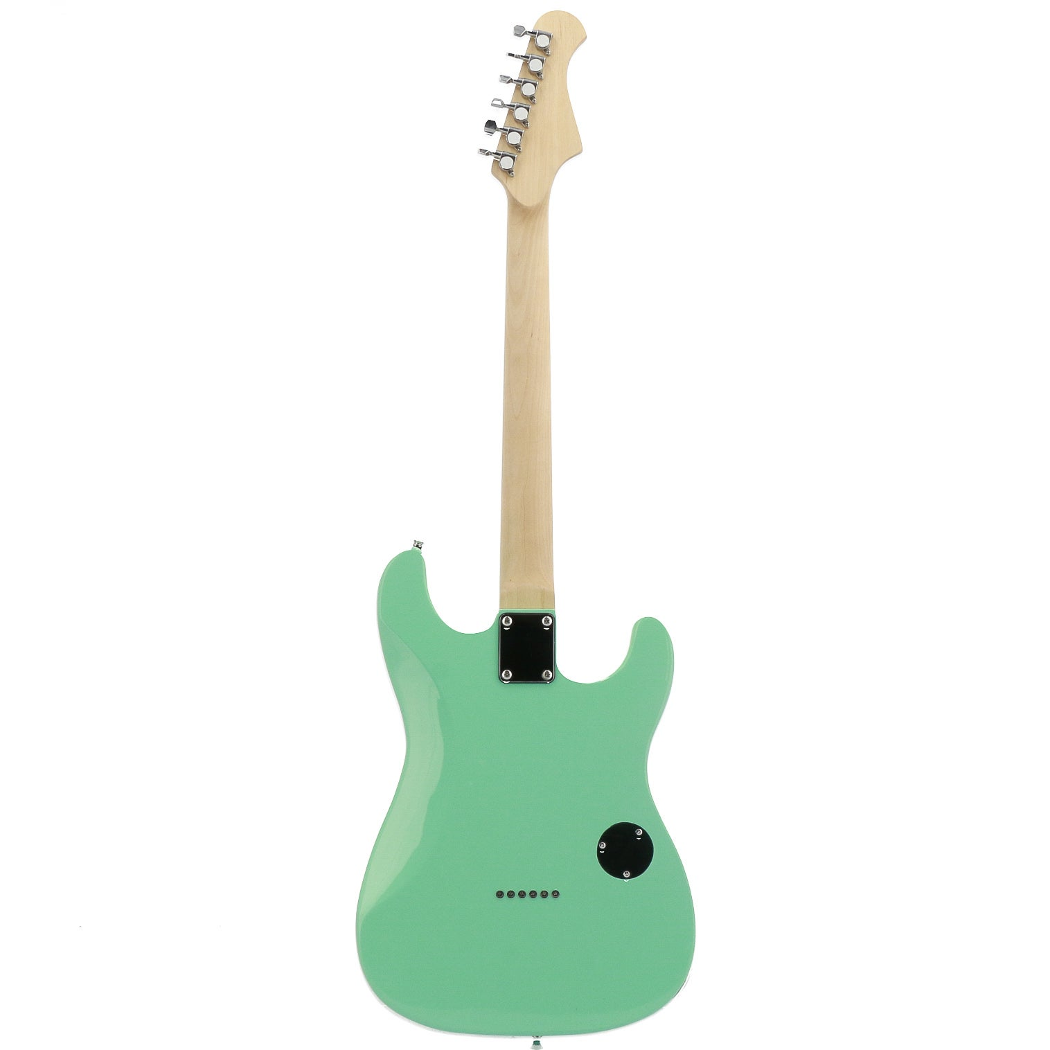 Achterkant van een mintgroene elektrische gitaar met lichte houten hals en chromen stemmechanieken.